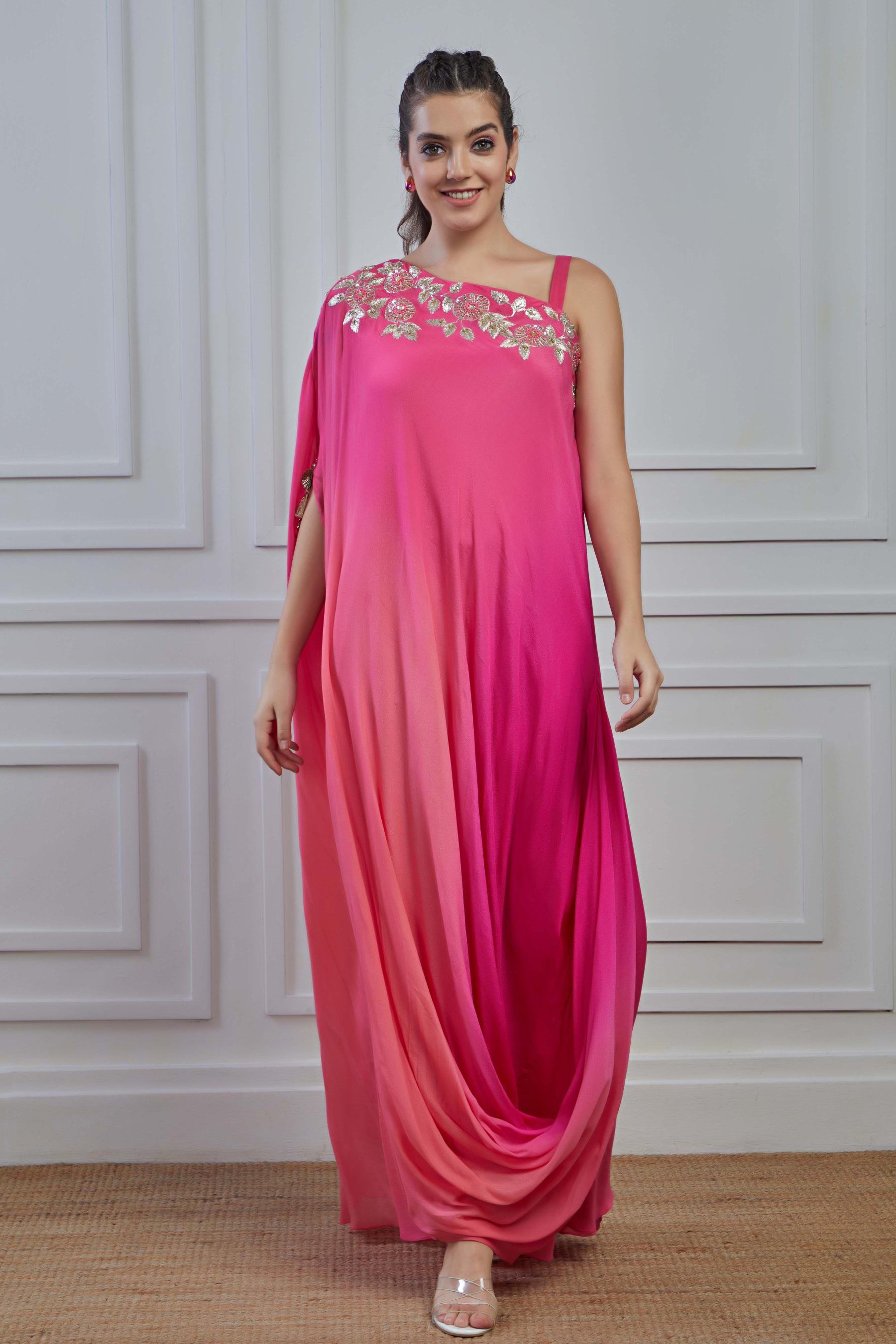 Pink Embellished Crepe Silk Cowl Dress