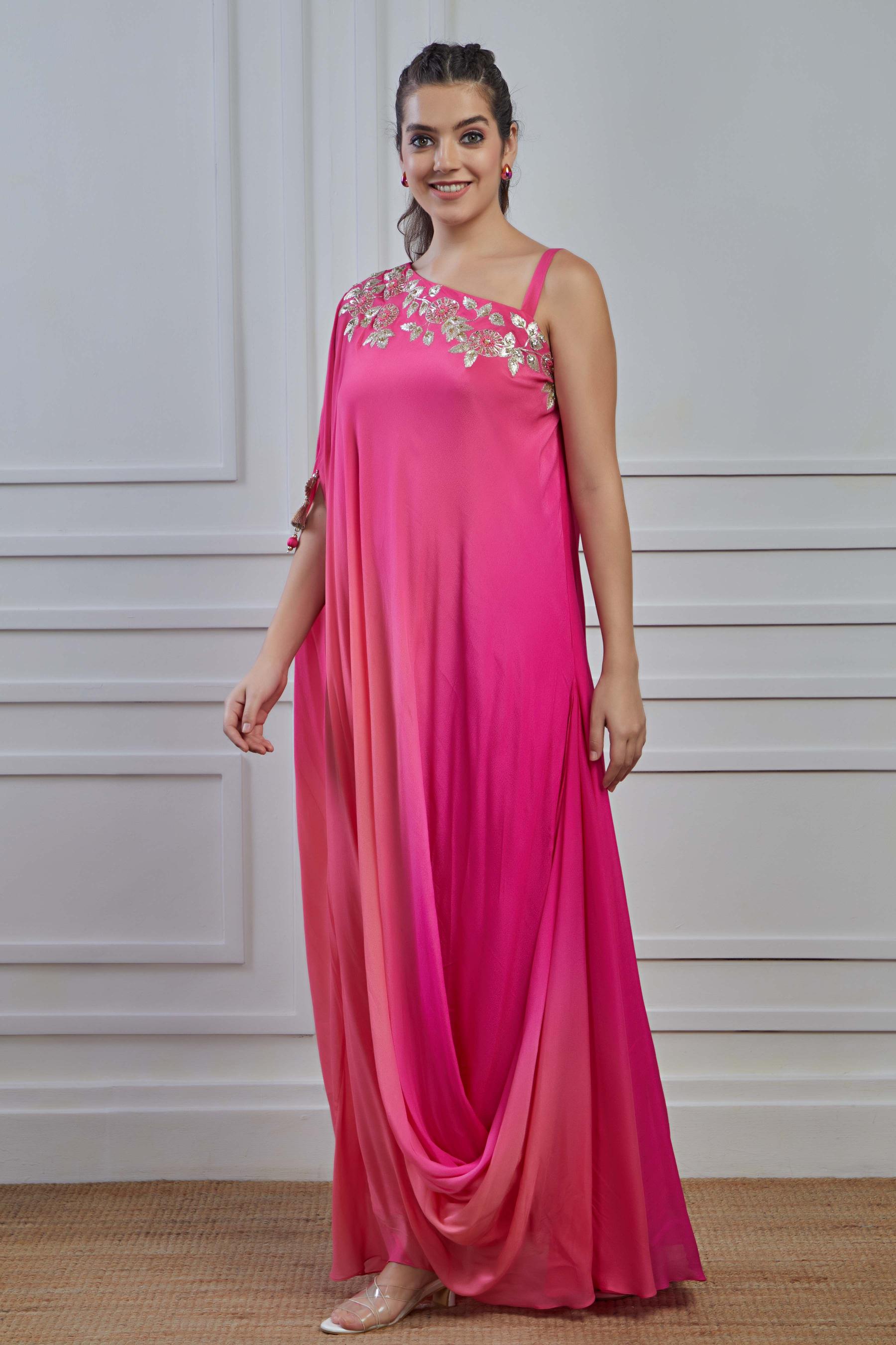 Pink Embellished Crepe Silk Cowl Dress