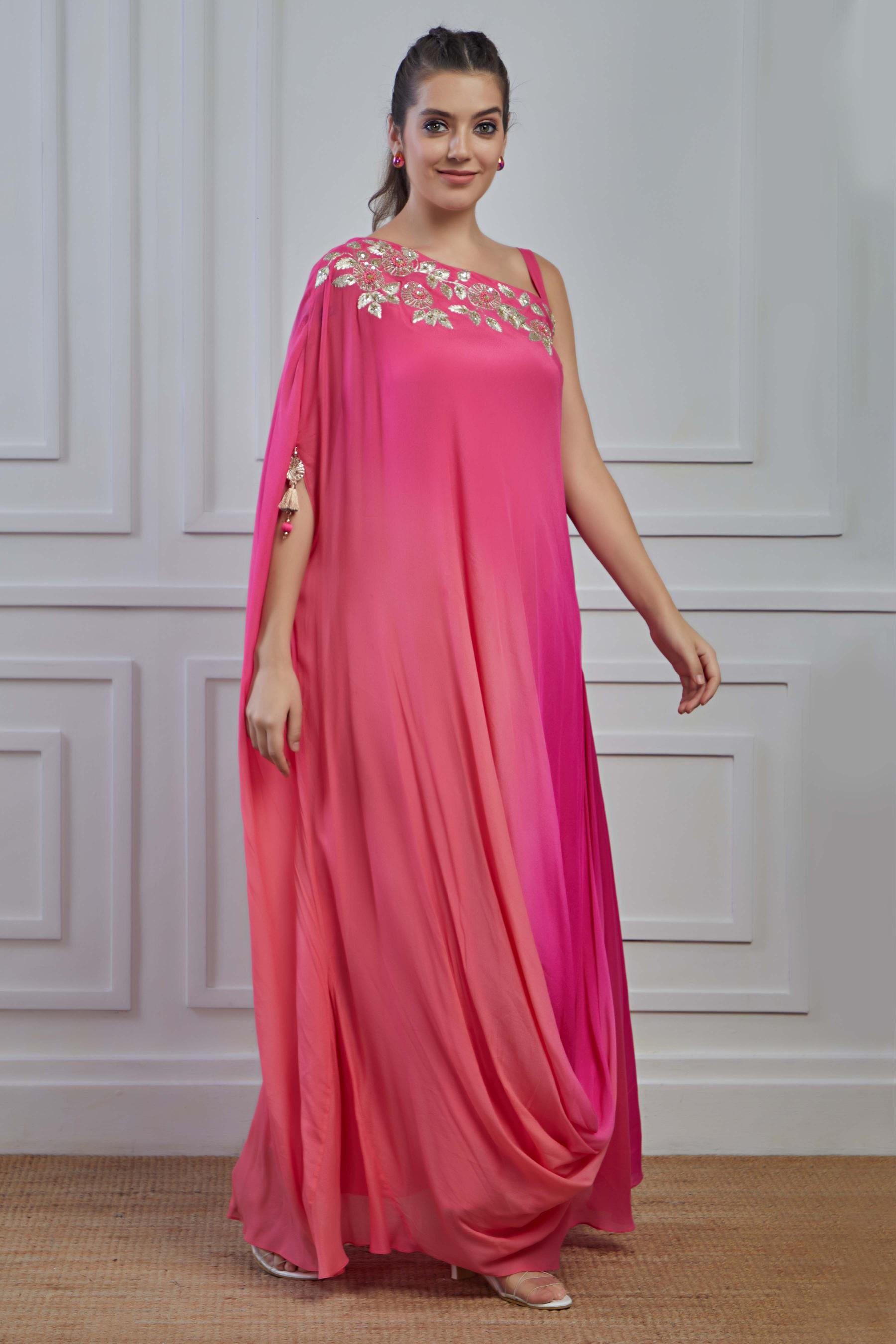 Pink Embellished Crepe Silk Cowl Dress