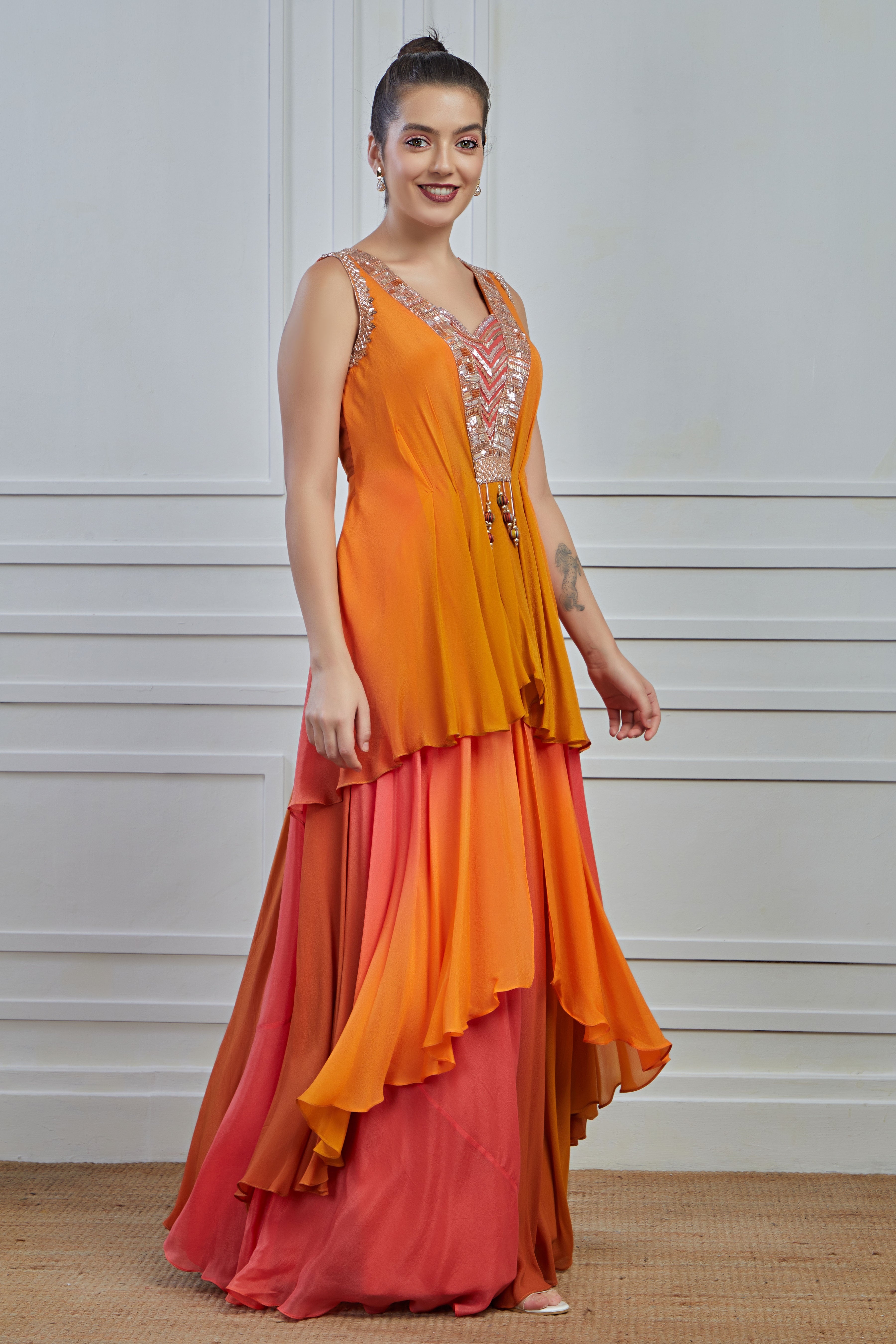 Mustard Ombre-Dyed Crepe Silk Layered Gown