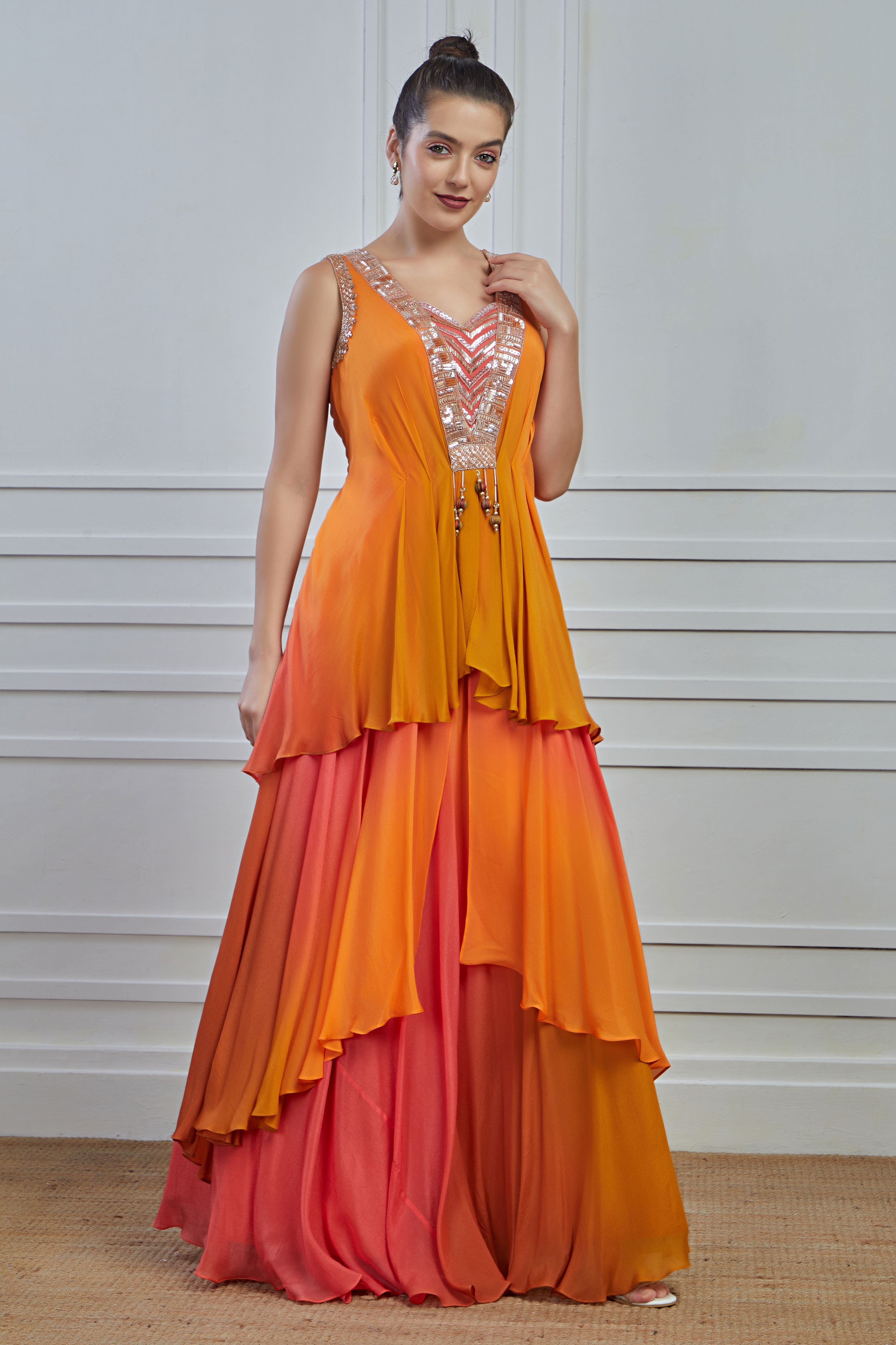 Mustard Ombre-Dyed Crepe Silk Layered Gown