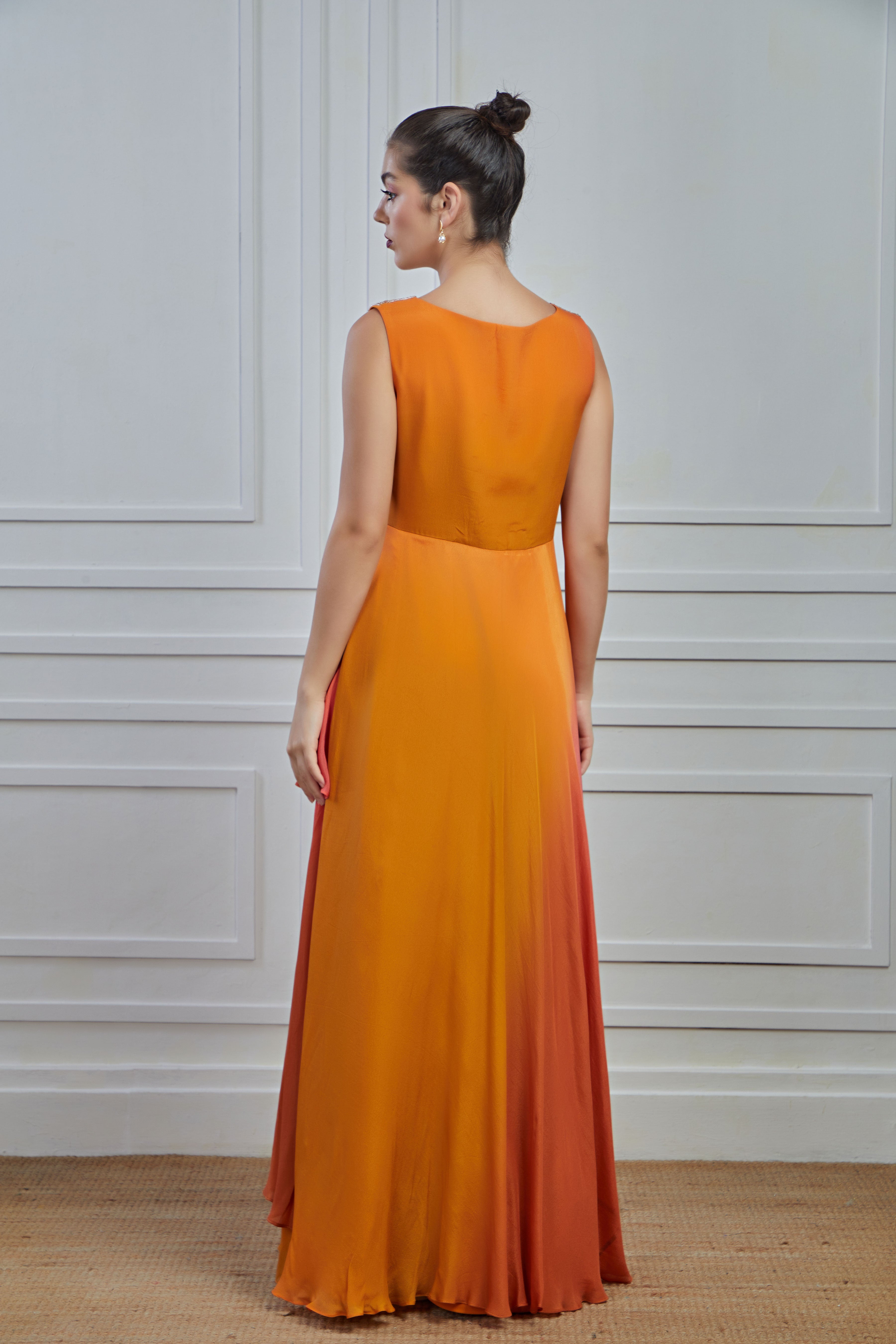 Mustard Ombre-Dyed Crepe Silk Layered Gown