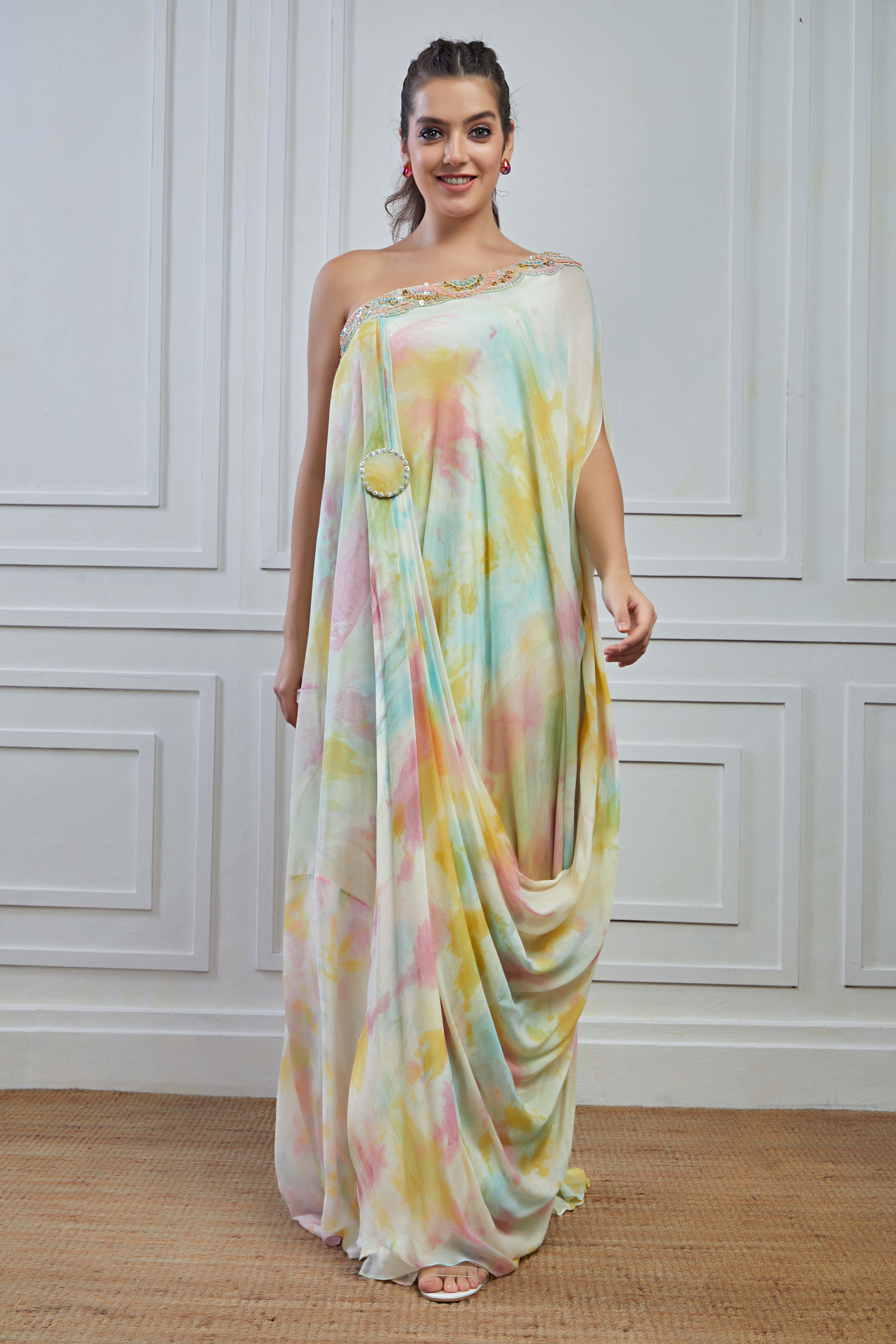 Multicolour Embellished Crepe Silk Draped Gown