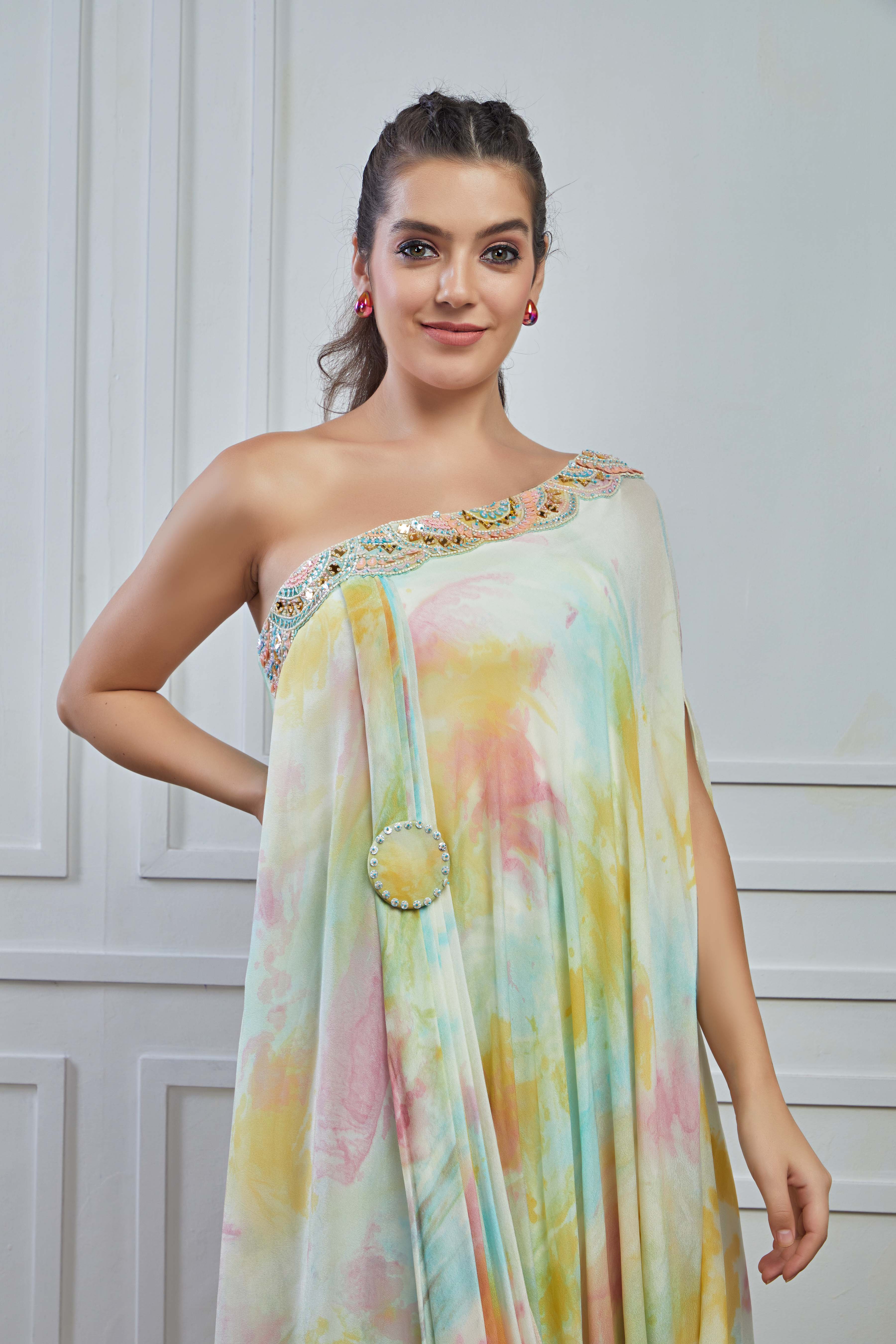 Multicolour Embellished Crepe Silk Draped Gown