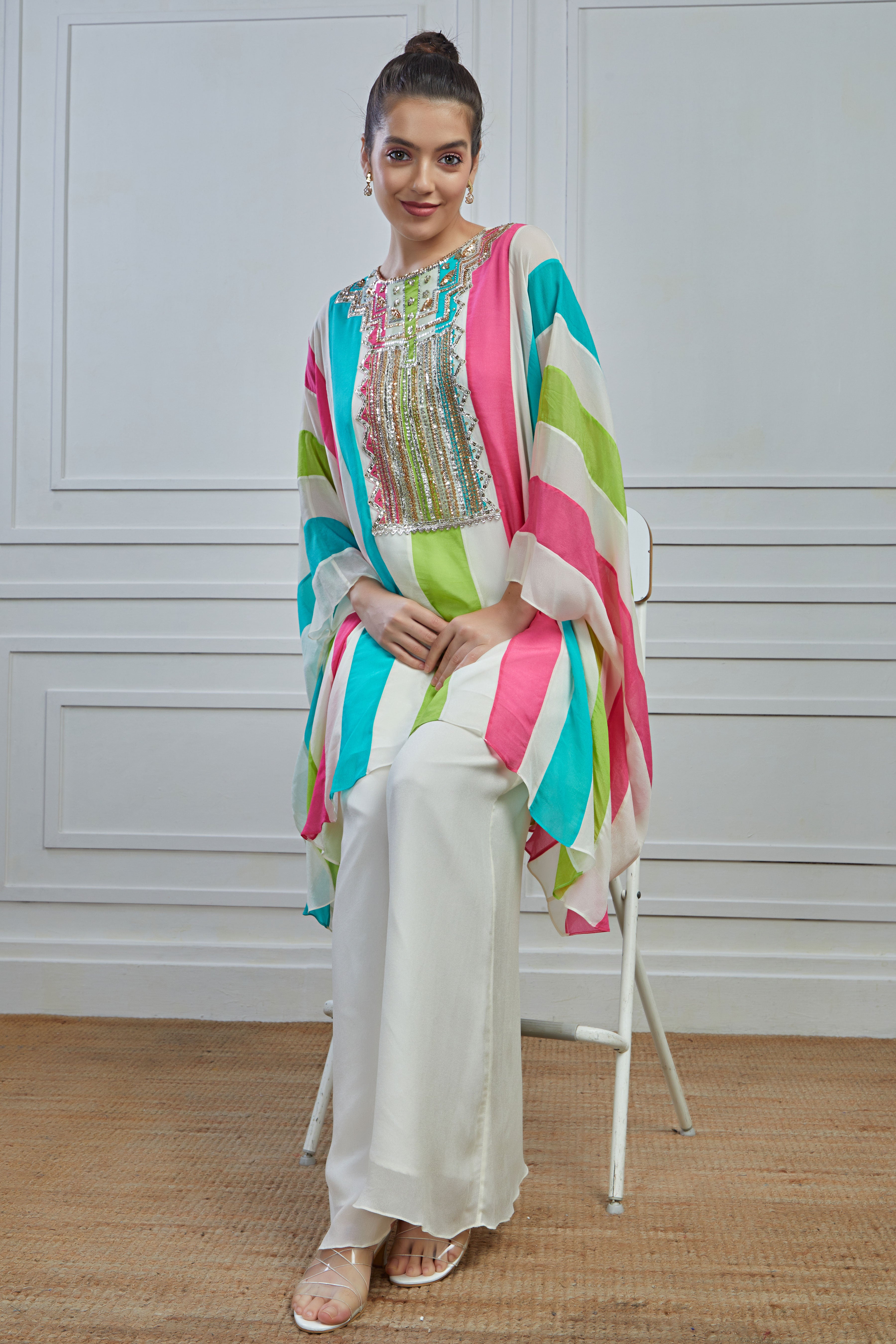 Multicolour Stripes Printed Crepe Silk kaftan palazzo Set