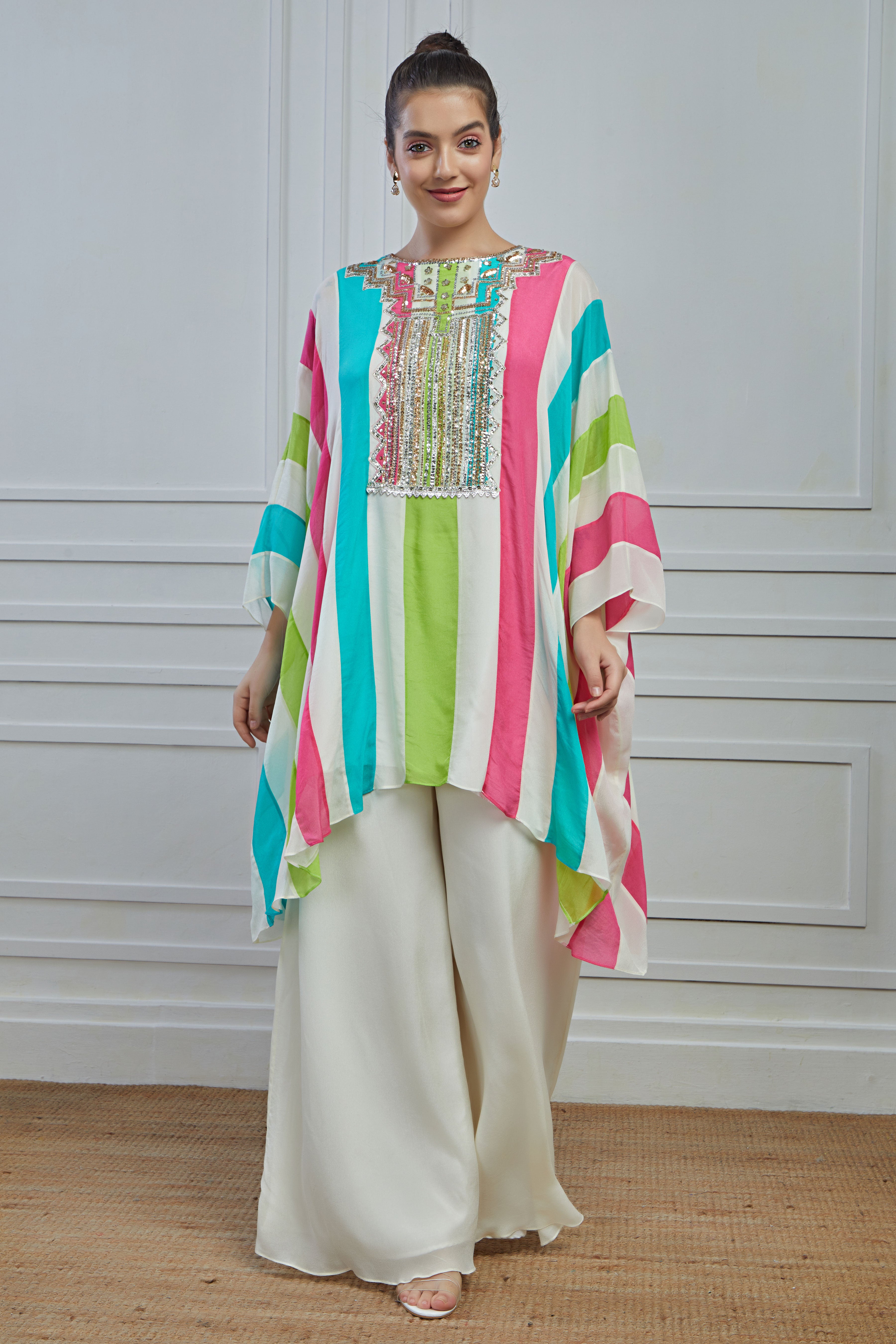 Multicolour Stripes Printed Crepe Silk kaftan palazzo Set