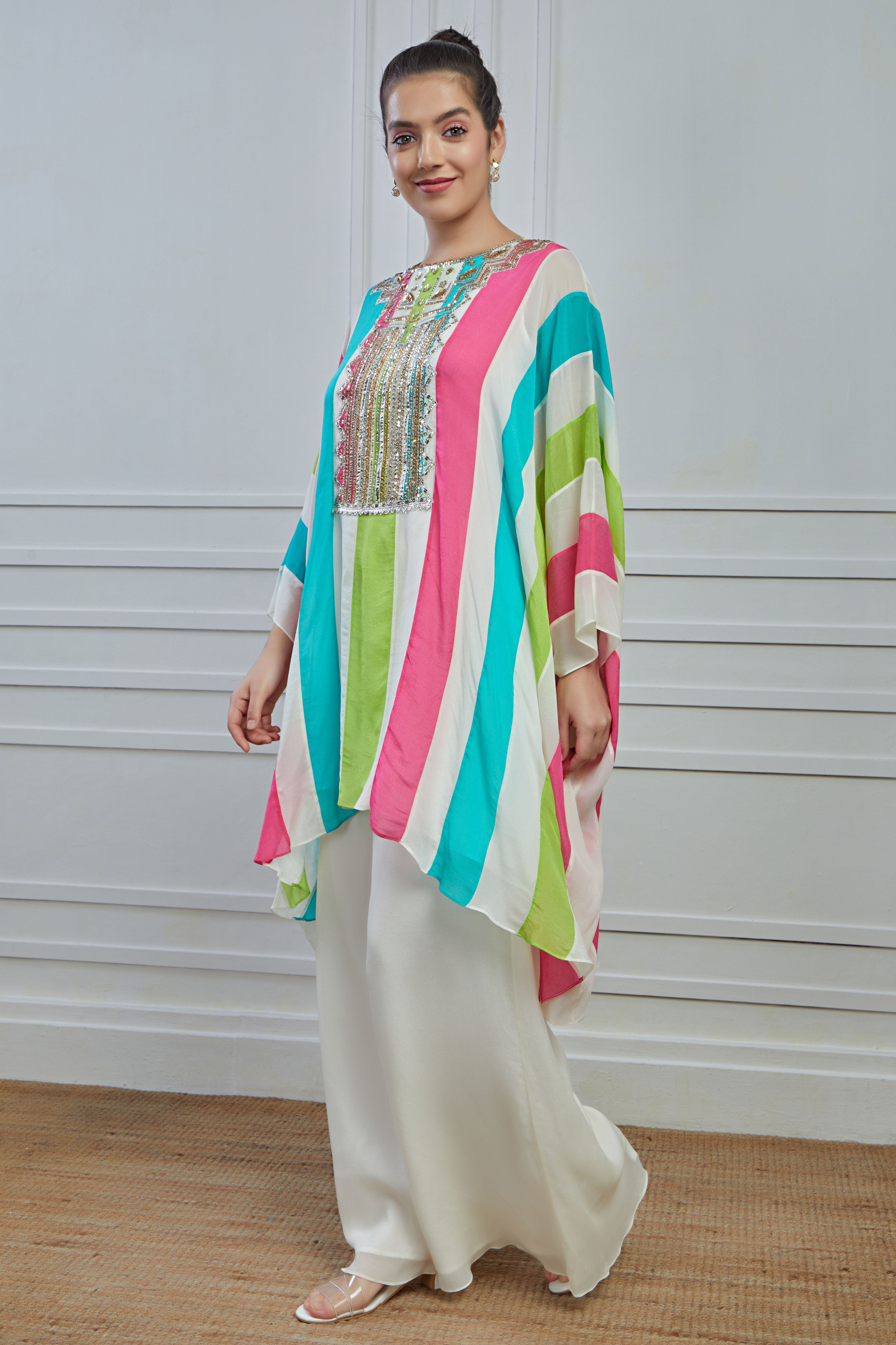 Multicolour Stripes Printed Crepe Silk kaftan palazzo Set