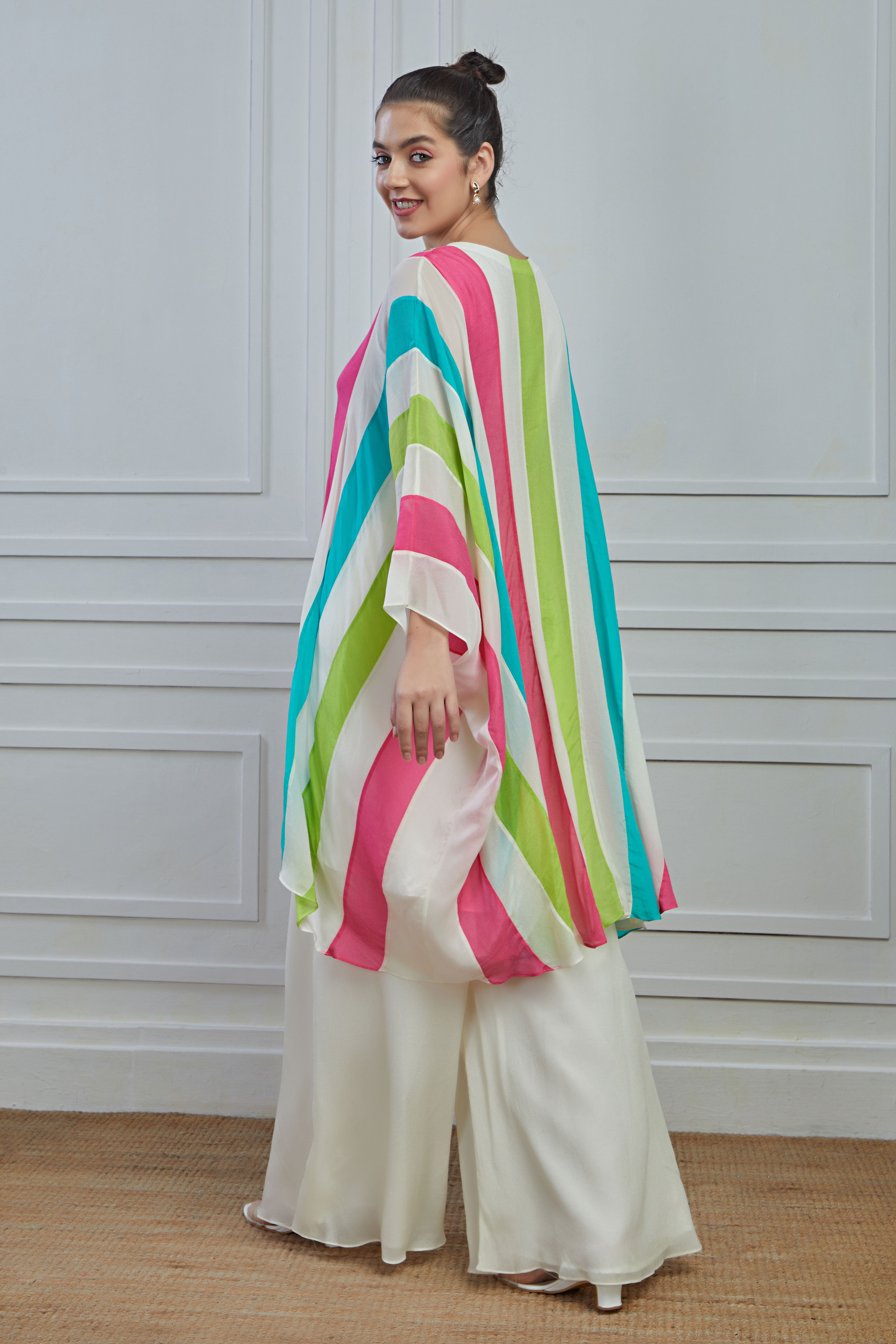 Multicolour Stripes Printed Crepe Silk kaftan palazzo Set