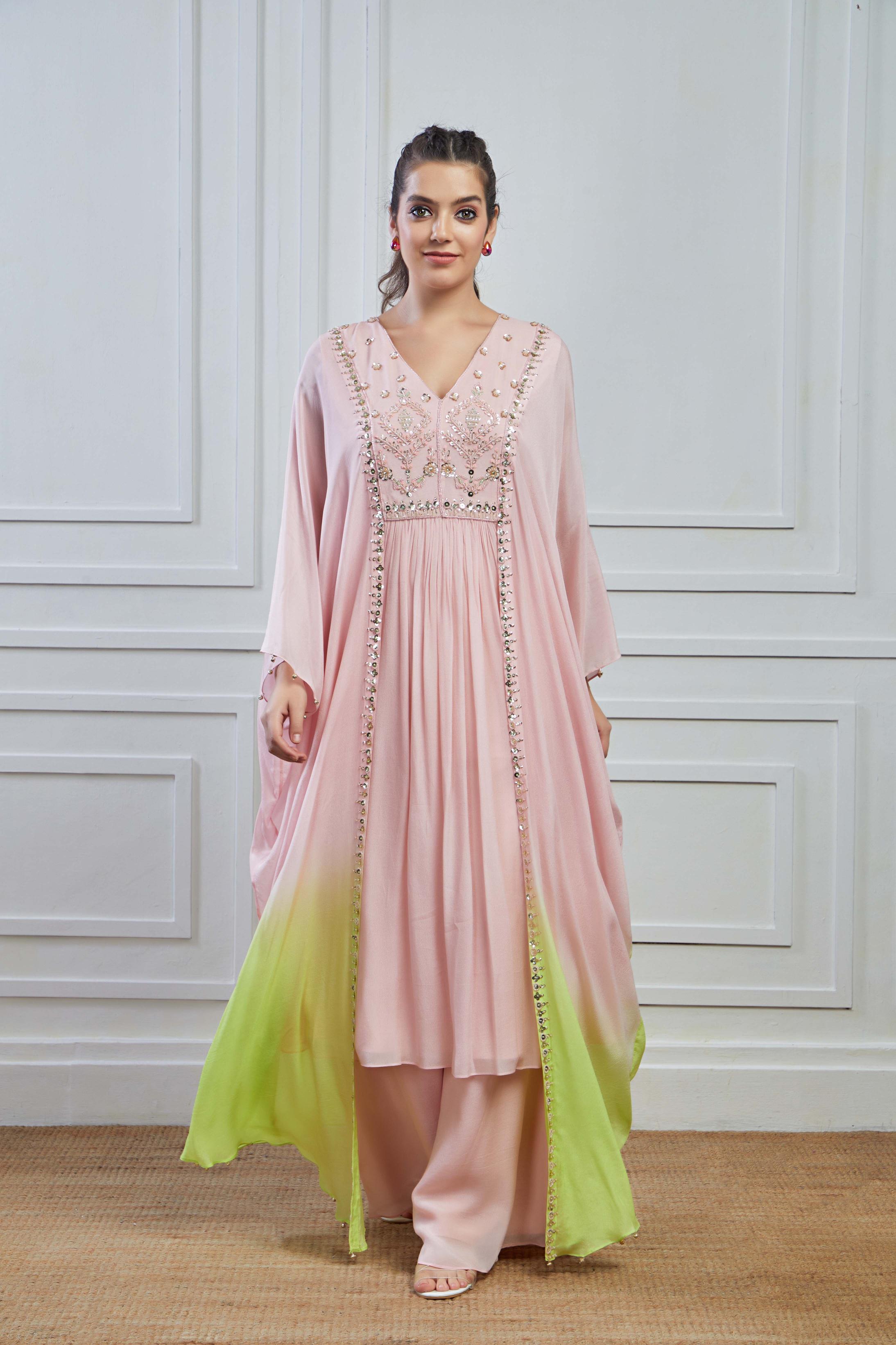 Pastel Pink Ombre-Dyed Crepe Silk Kaftan Palazzo Set