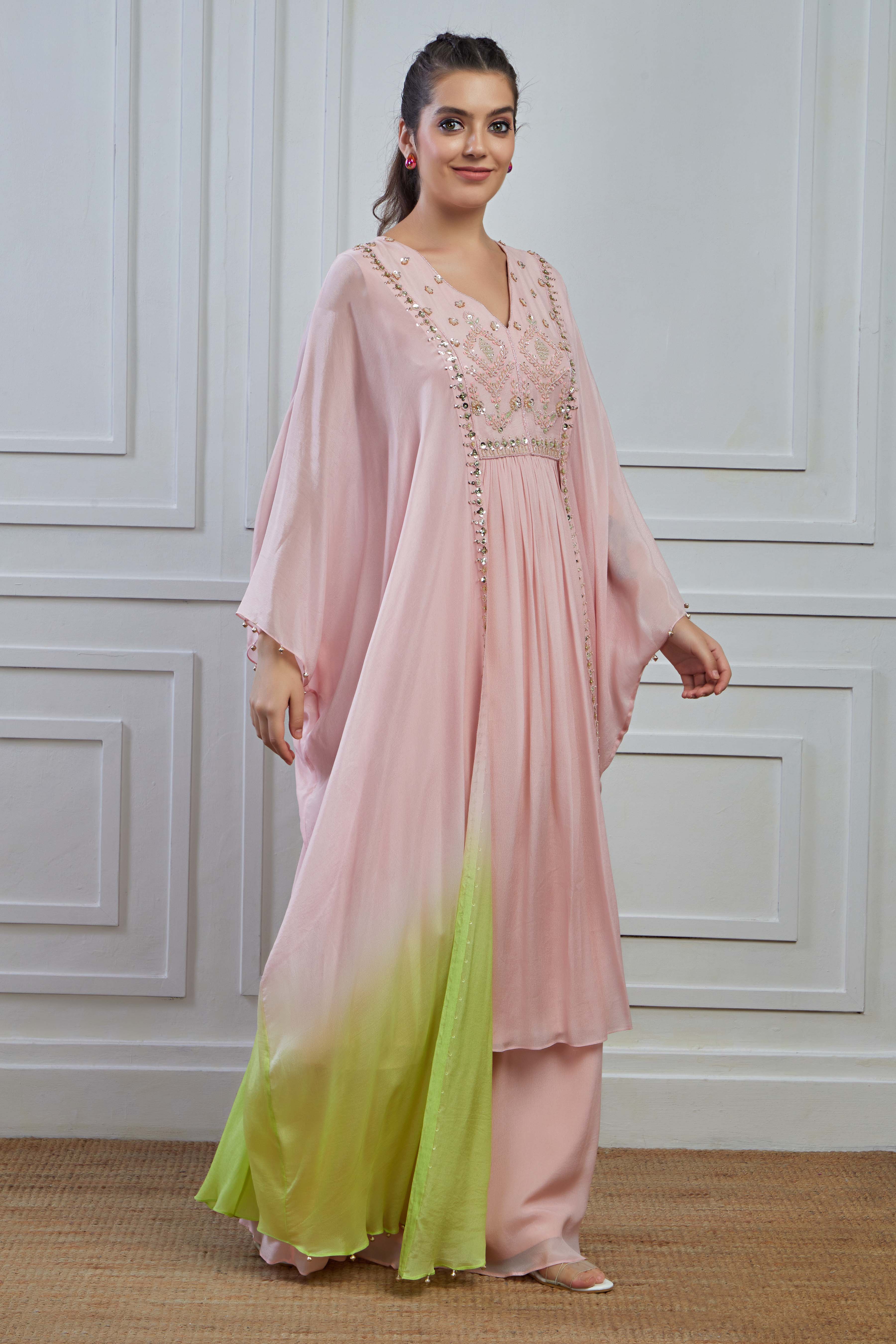 Pastel Pink Ombre-Dyed Crepe Silk Kaftan Palazzo Set