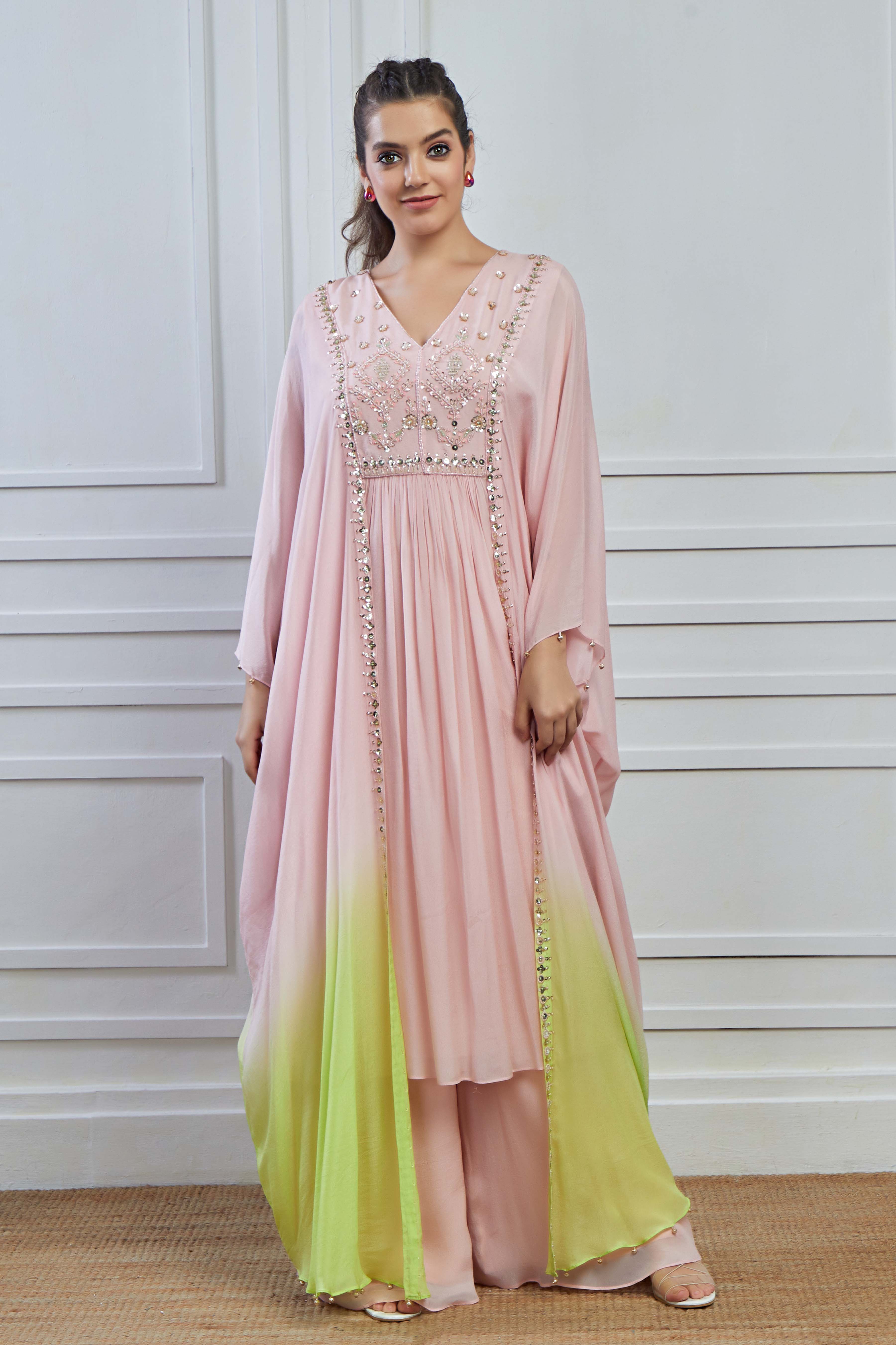 Pastel Pink Ombre-Dyed Crepe Silk Kaftan Palazzo Set