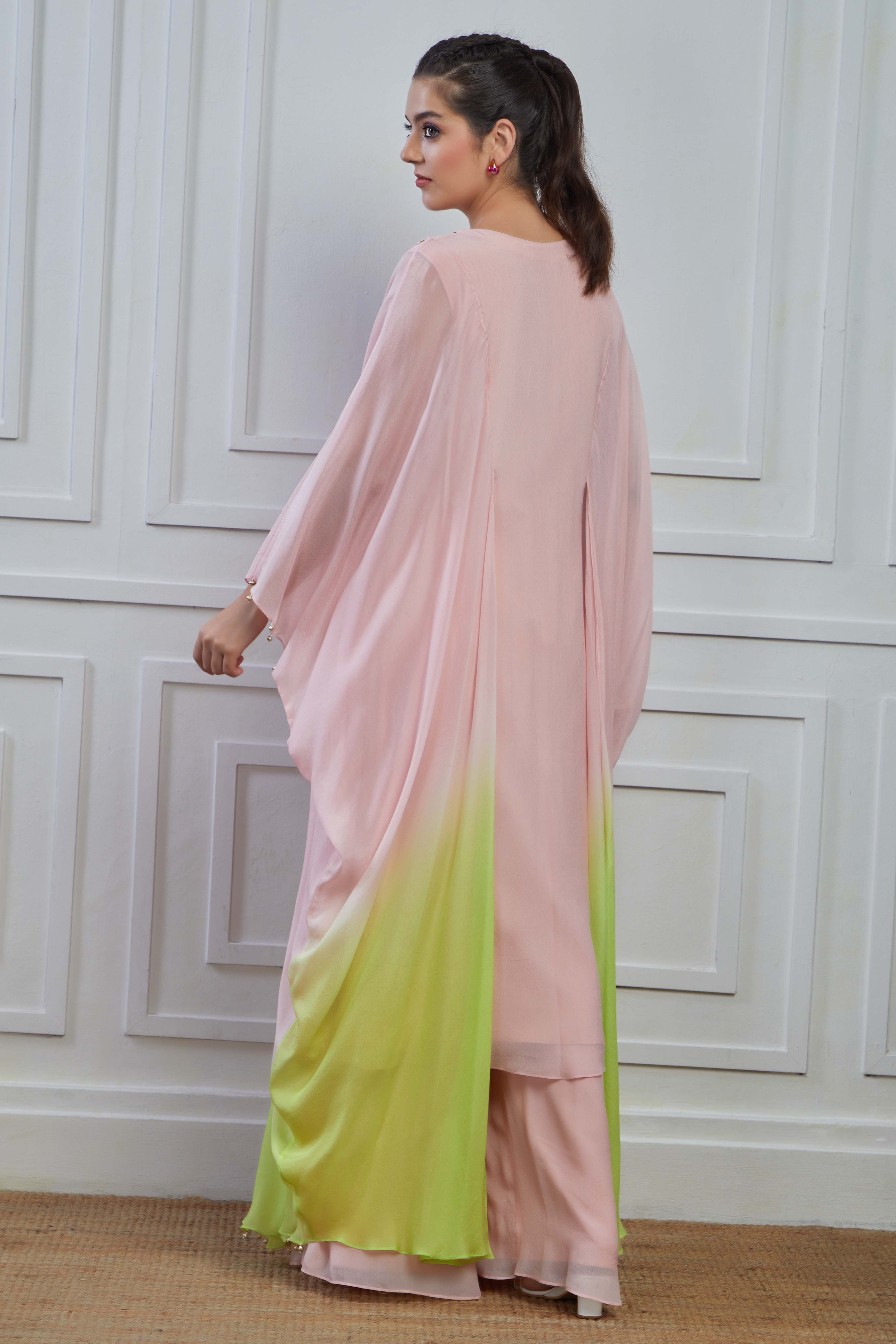 Pastel Pink Ombre-Dyed Crepe Silk Kaftan Palazzo Set