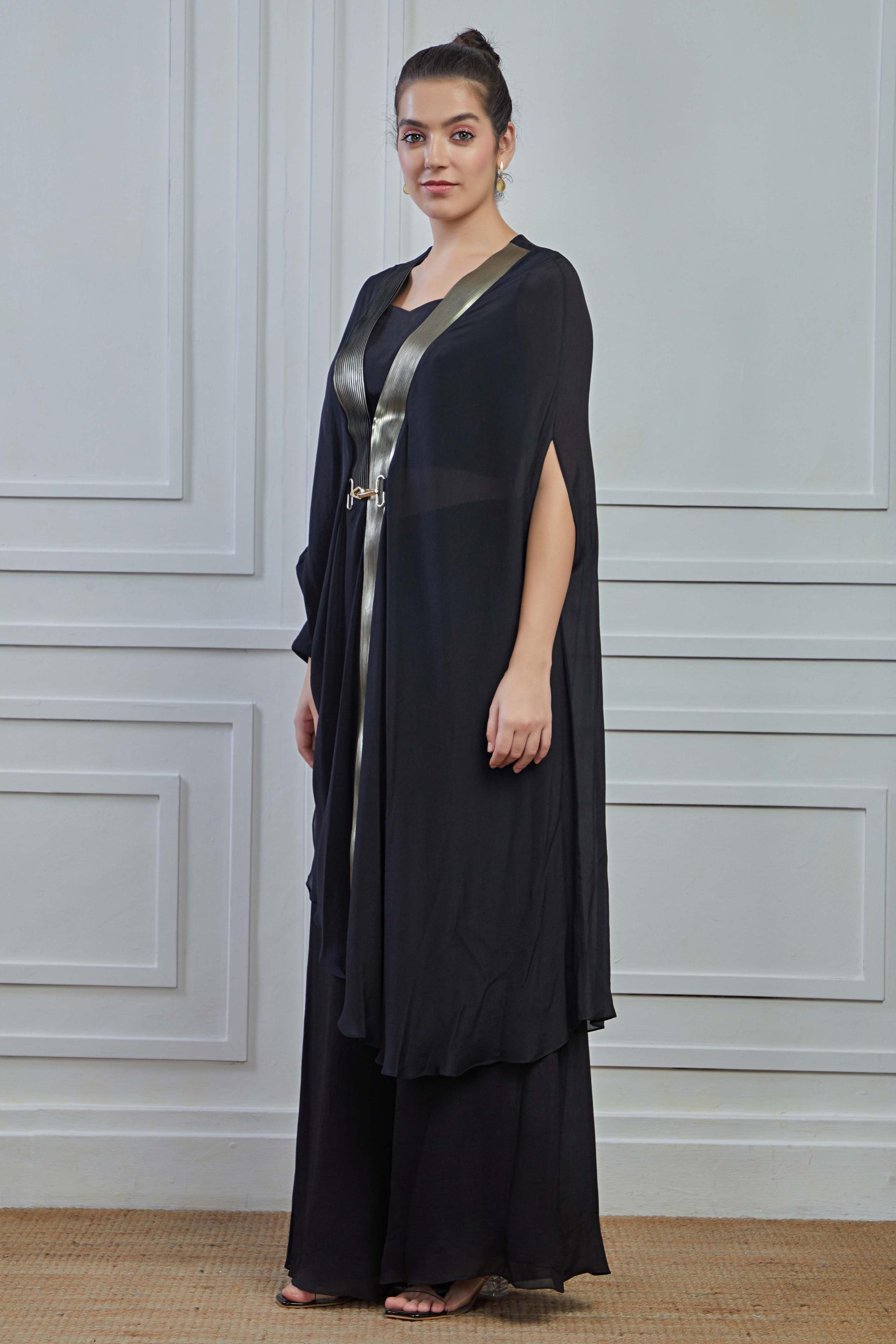 Black Solid Crepe Silk Kaftan Palazzo Set