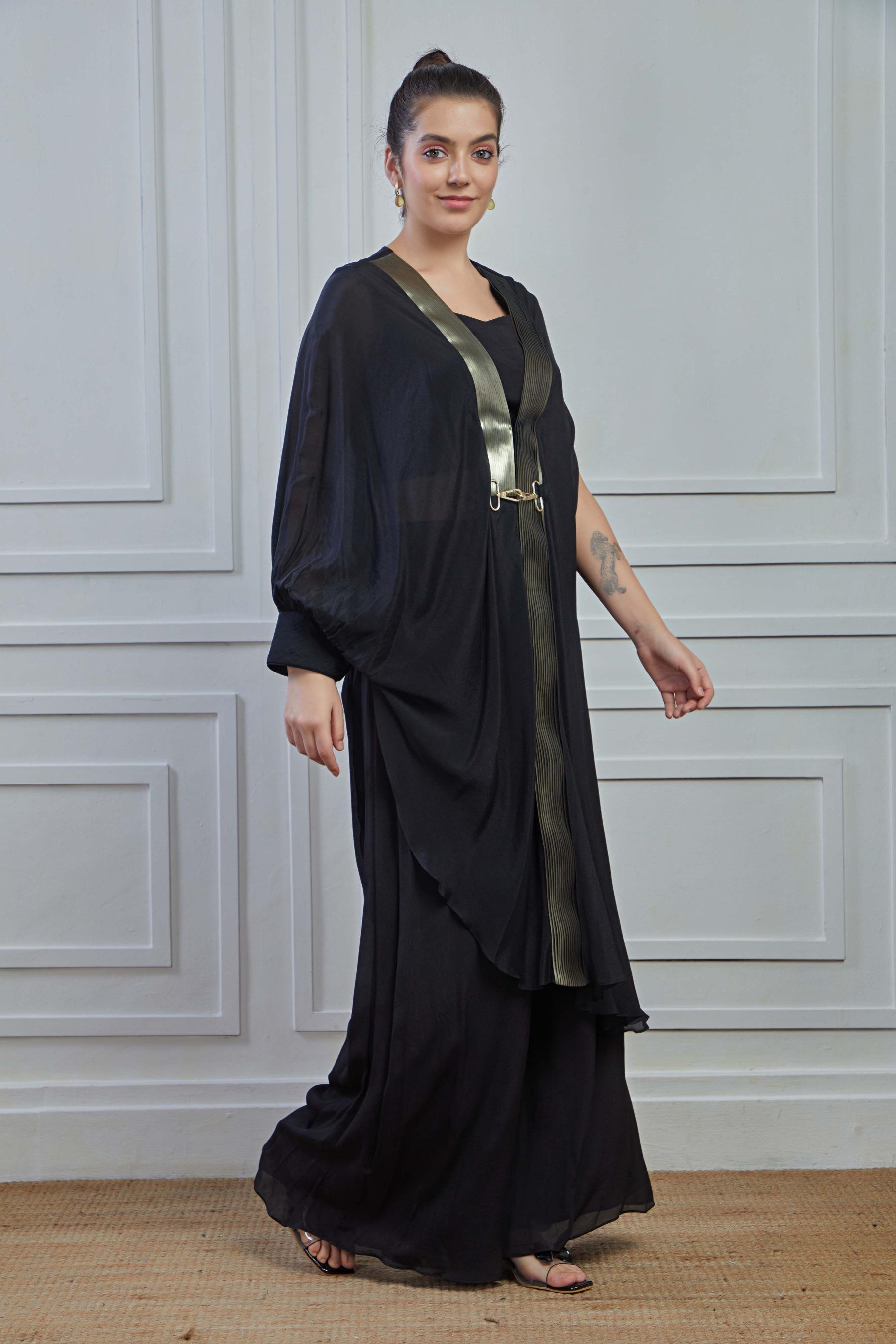 Black Solid Crepe Silk Kaftan Palazzo Set