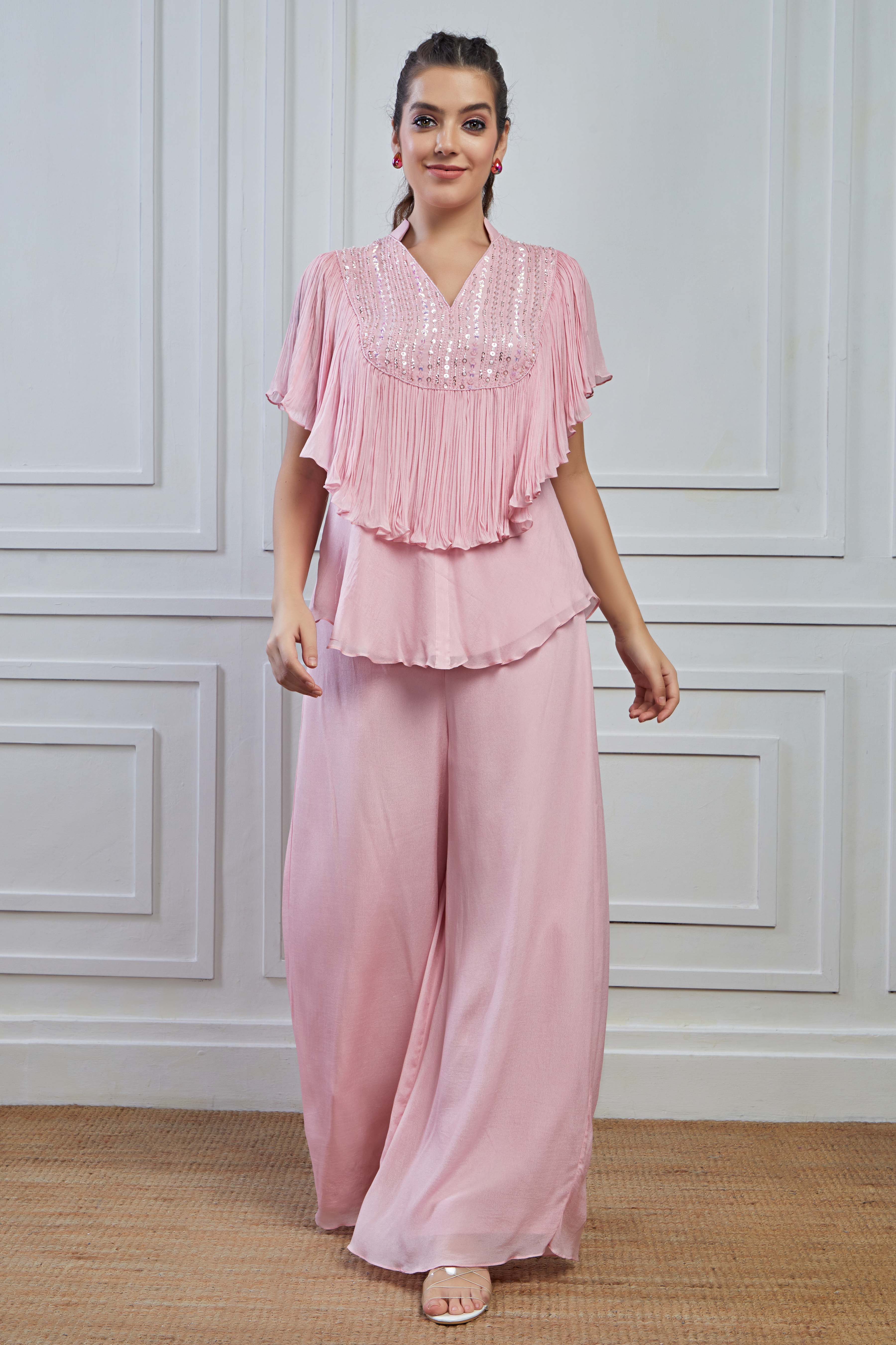 Phantom Pink Embellished Crepe Silk Tunic Palazzo Set