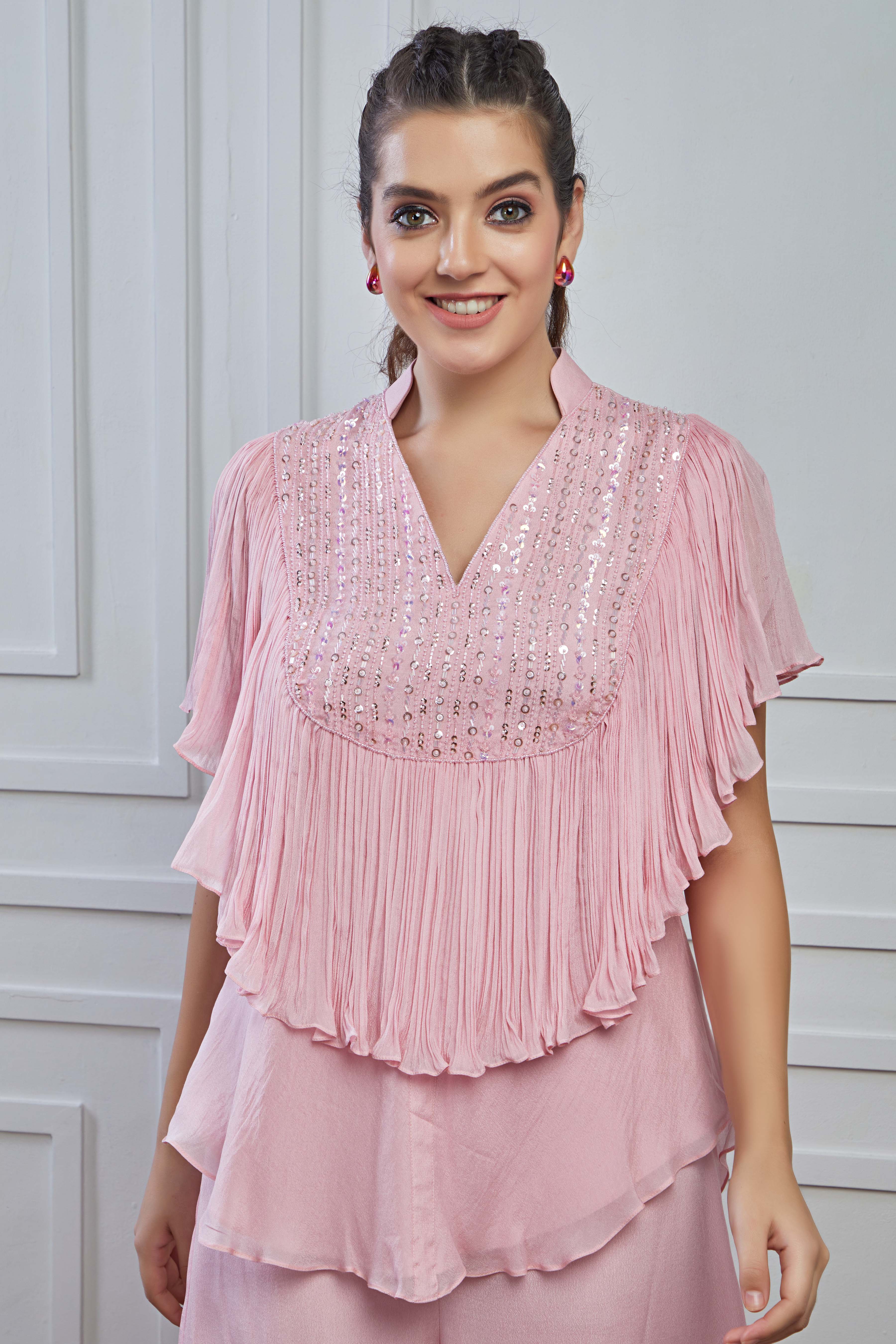 Phantom Pink Embellished Crepe Silk Tunic Palazzo Set