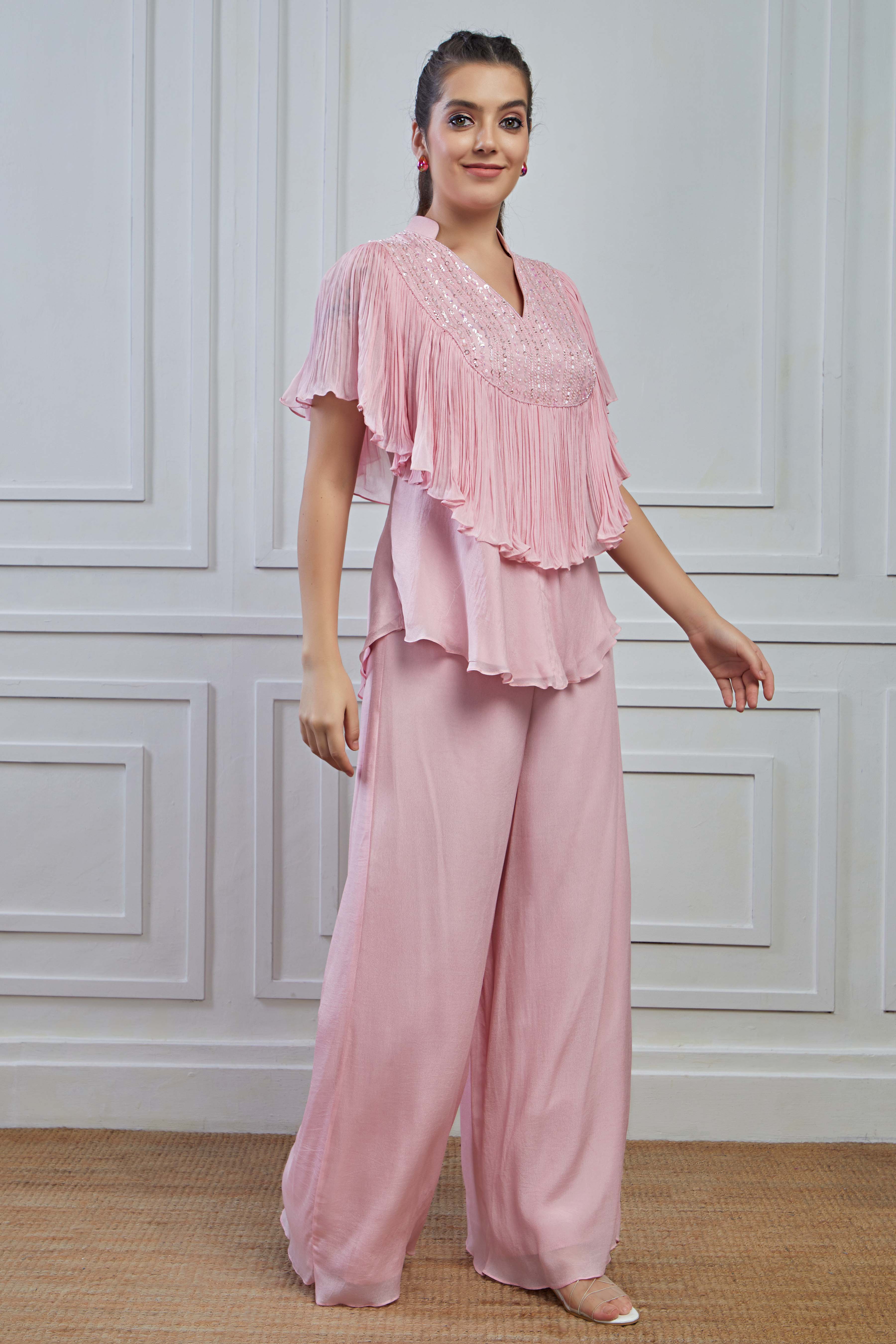 Phantom Pink Embellished Crepe Silk Tunic Palazzo Set