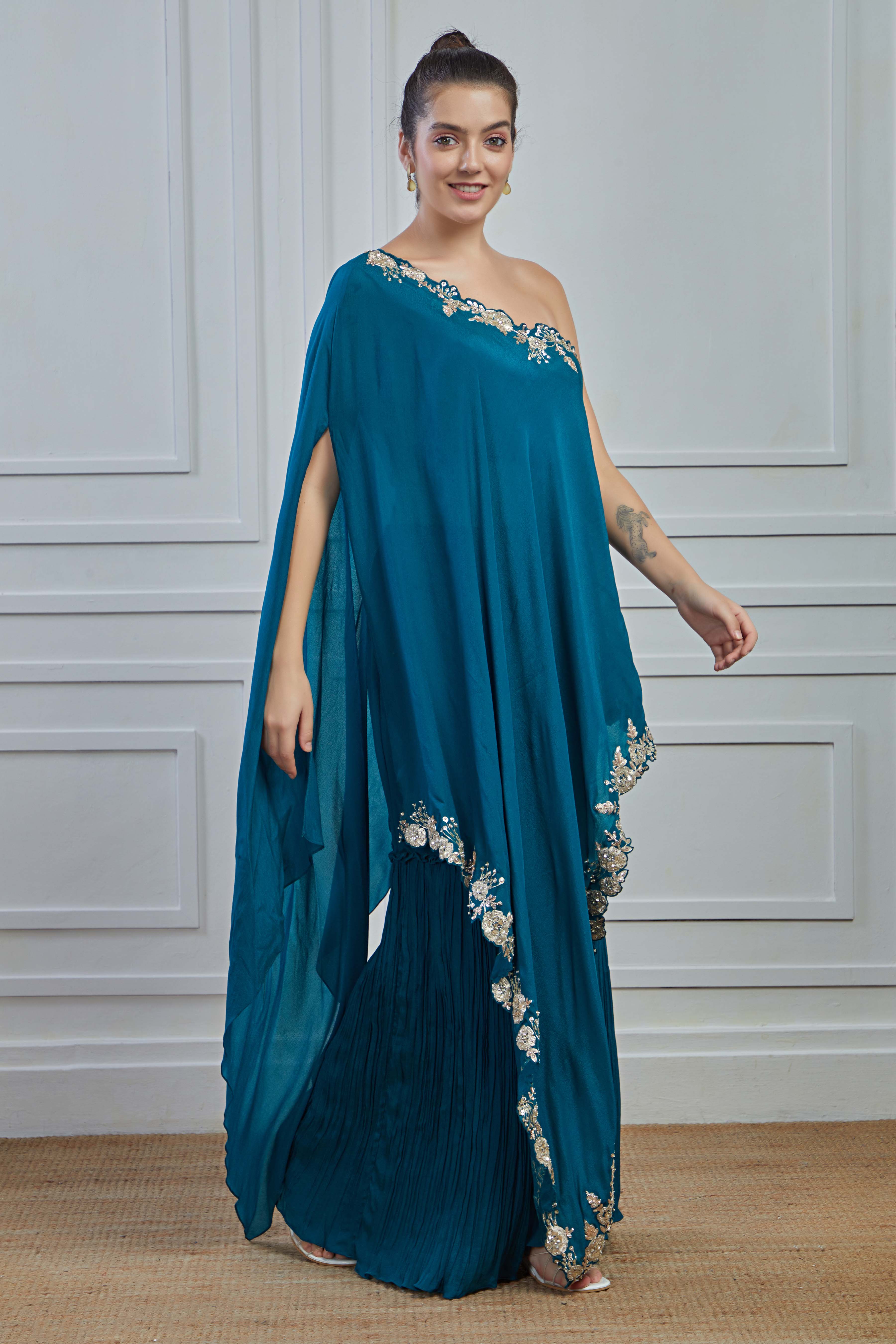 Teal Embroidered Crepe Silk Tunic Sharara Set