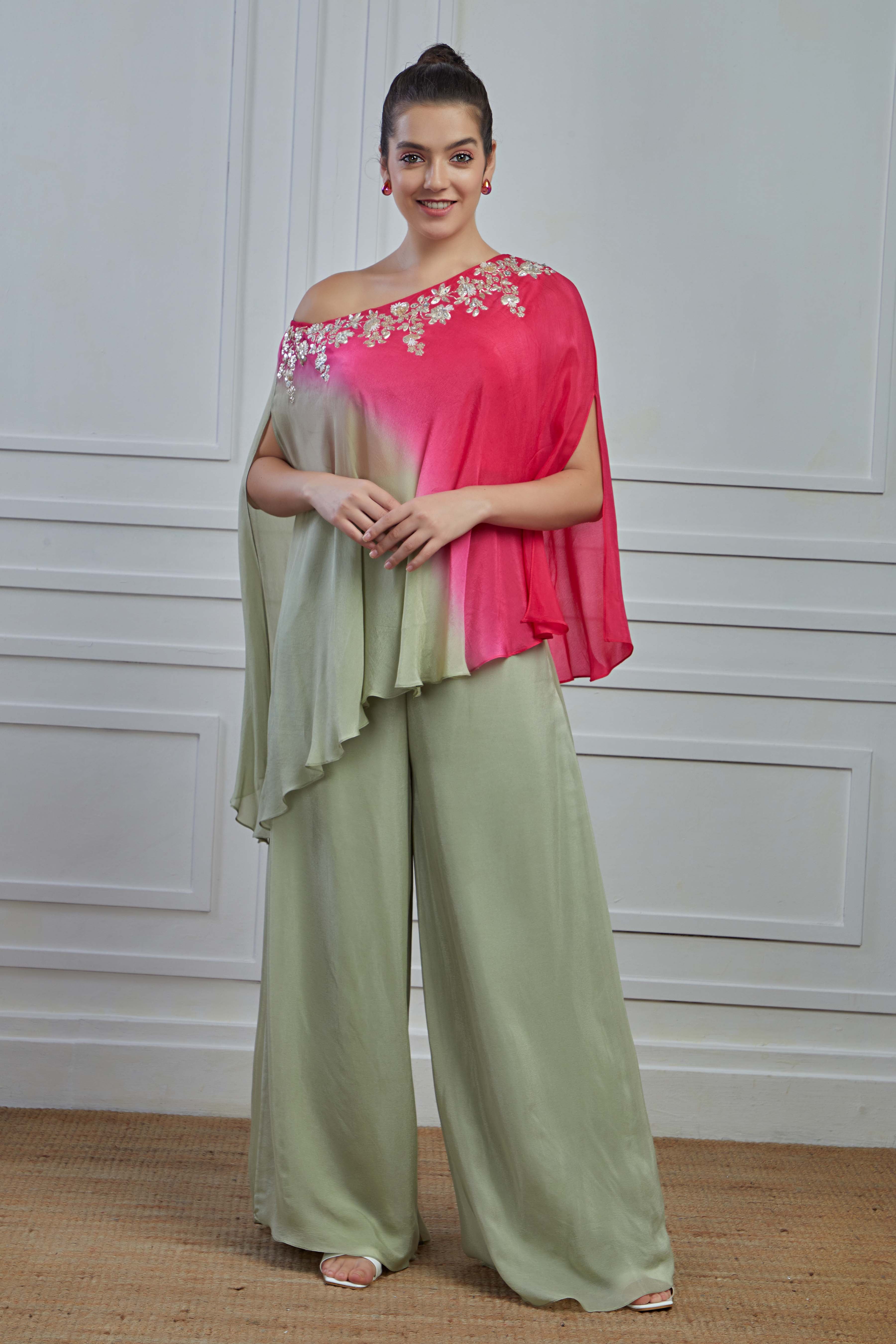 Sage Green Embellished Crepe Silk Tunic Palazzo Set