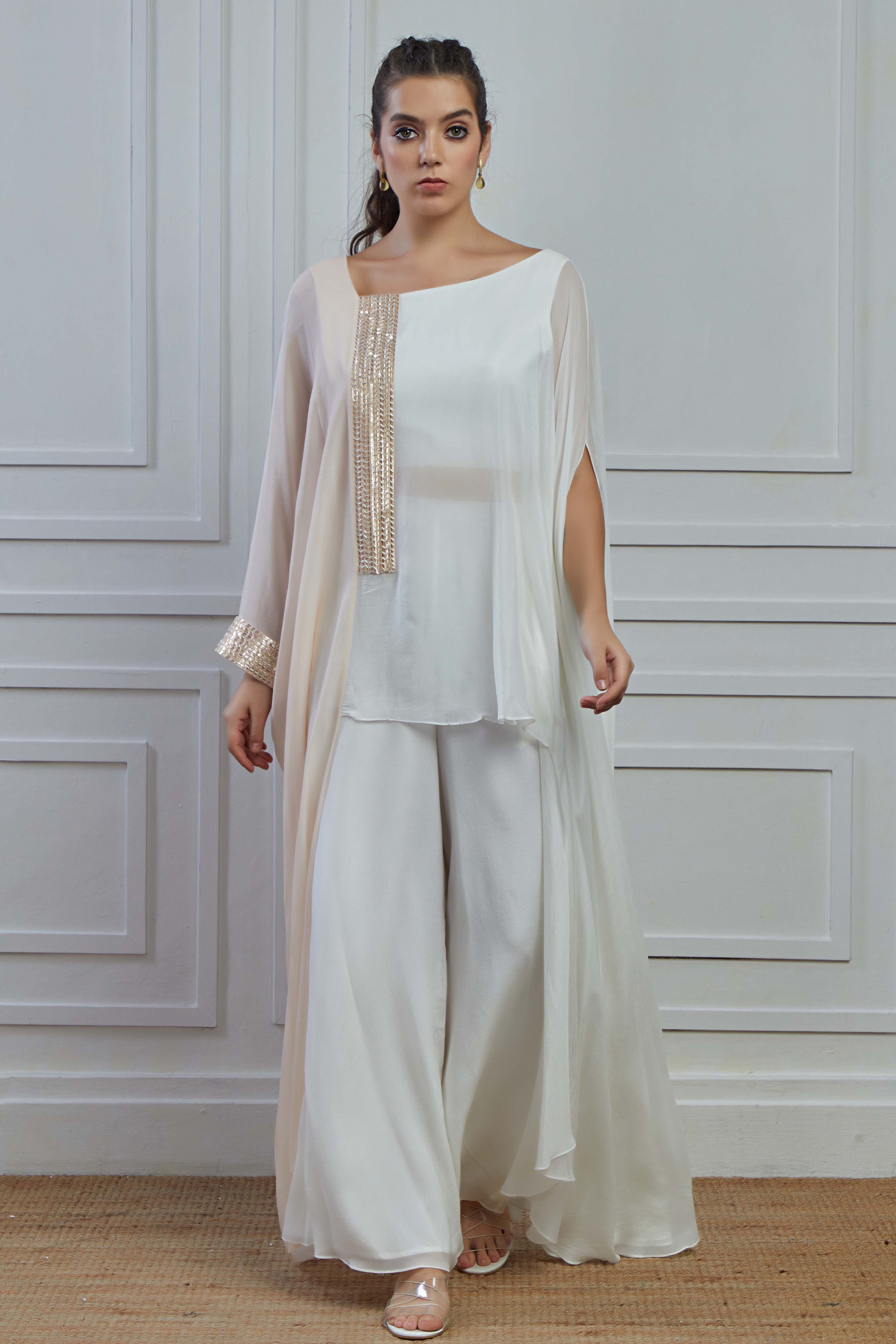 White Ombre-Dyed Crepe Silk Kaftan Palazzo Set