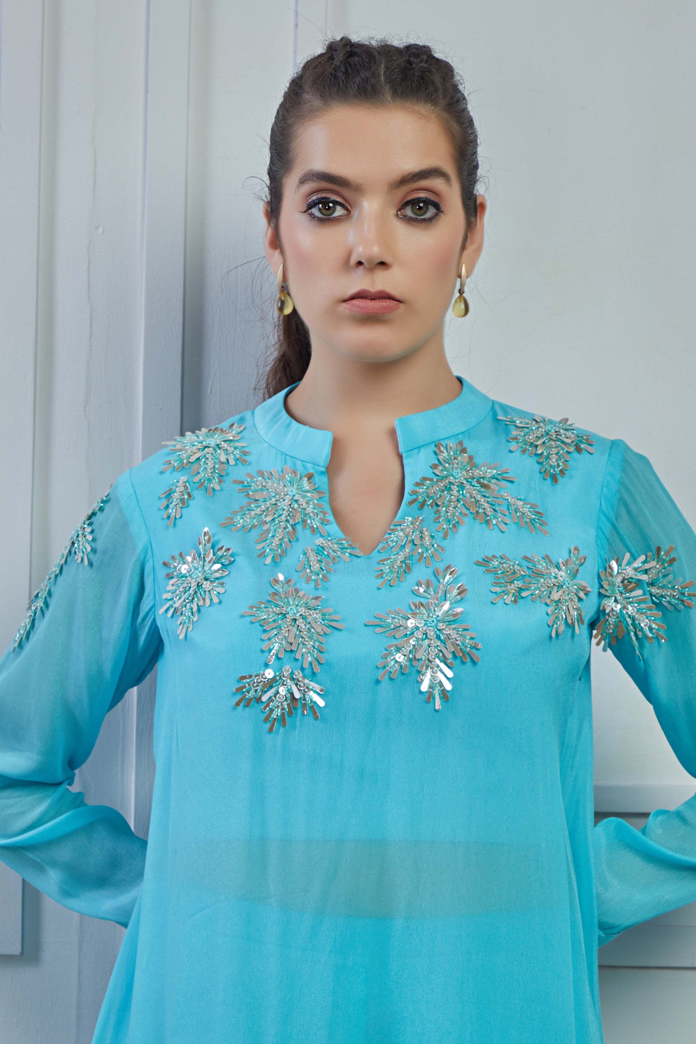 Light Blue Embellished Crepe Silk Kurta Palazzo Set