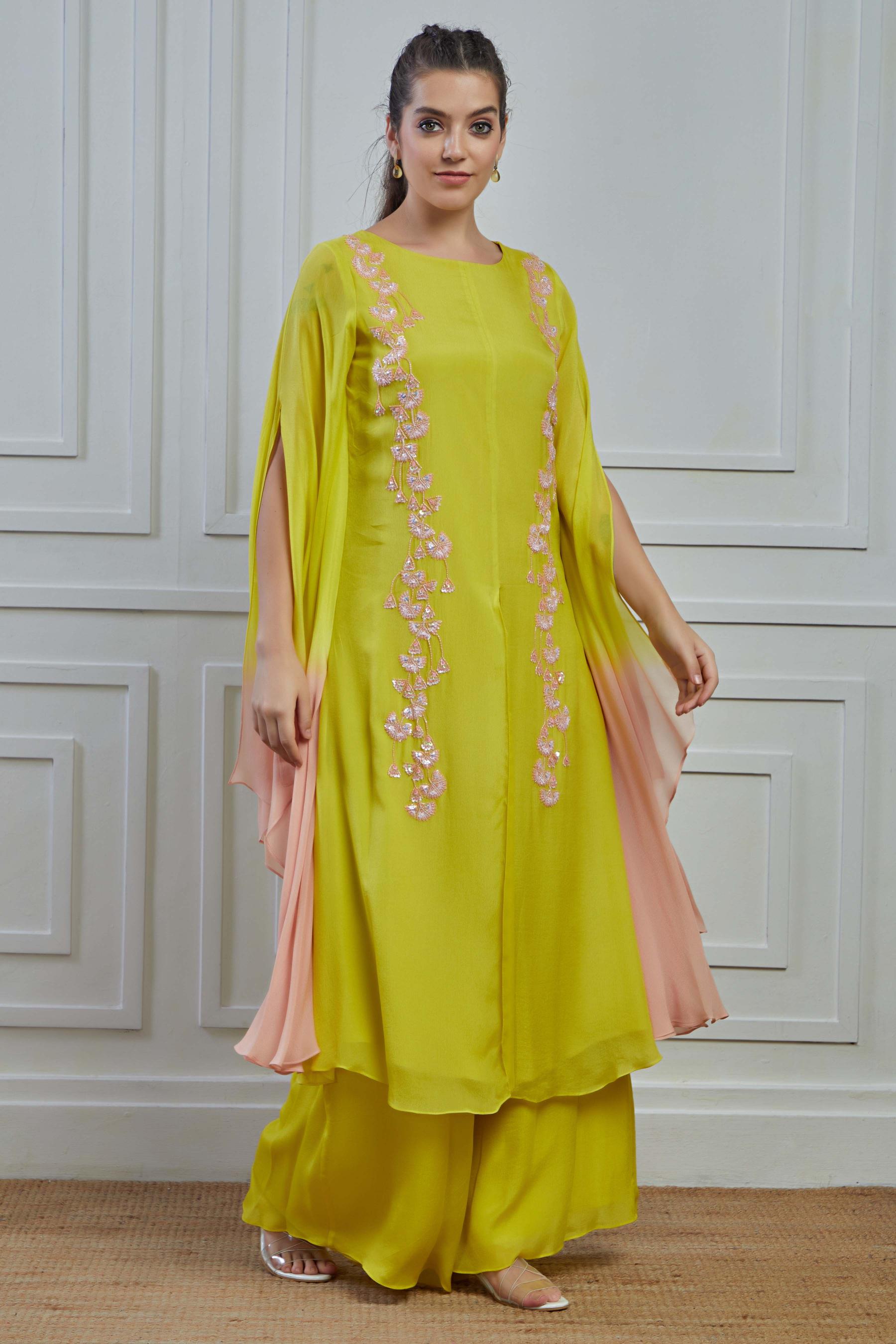 Pear Green Ombre-Dyed Crepe Silk Kaftan Palazzo Set