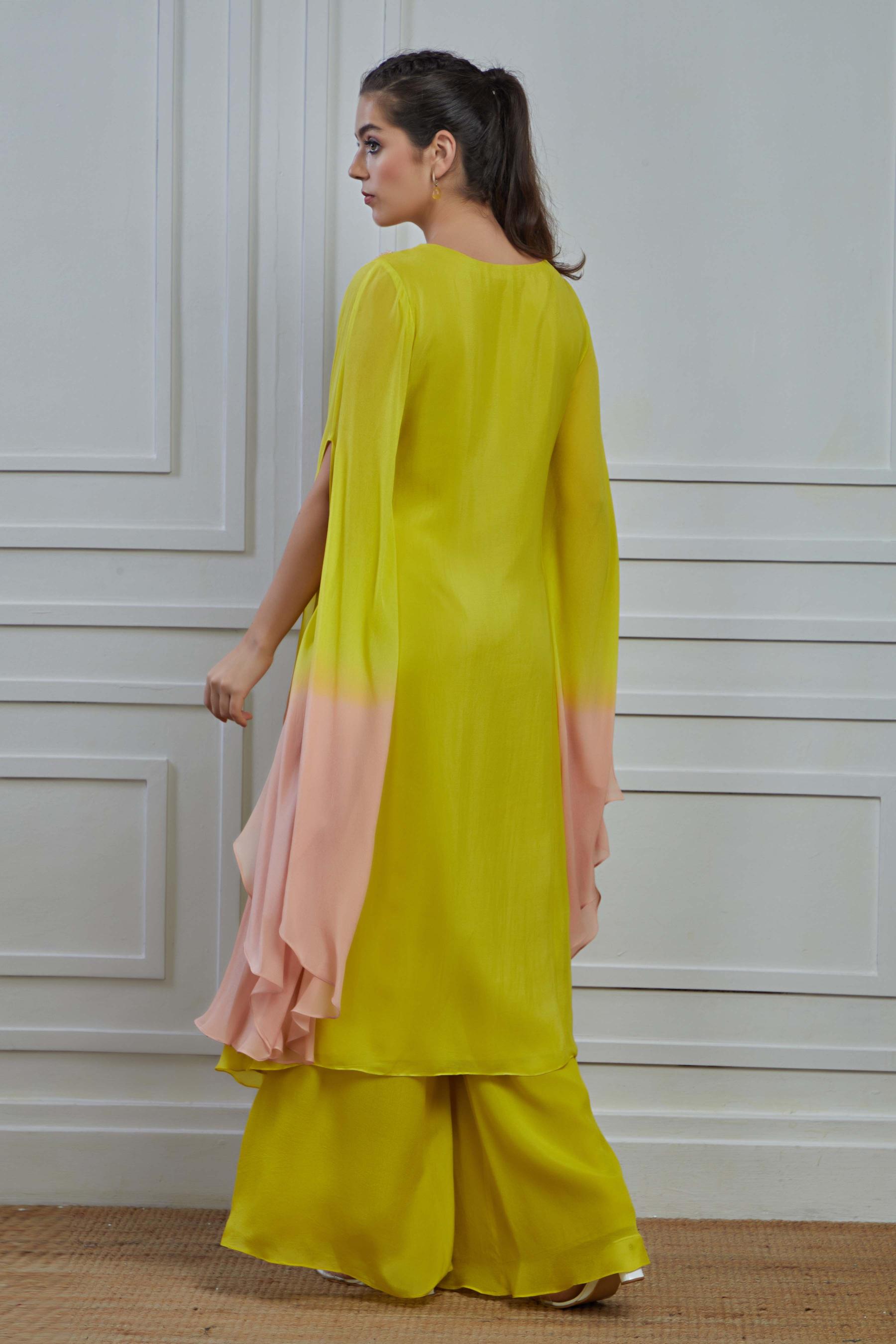 Pear Green Ombre-Dyed Crepe Silk Kaftan Palazzo Set