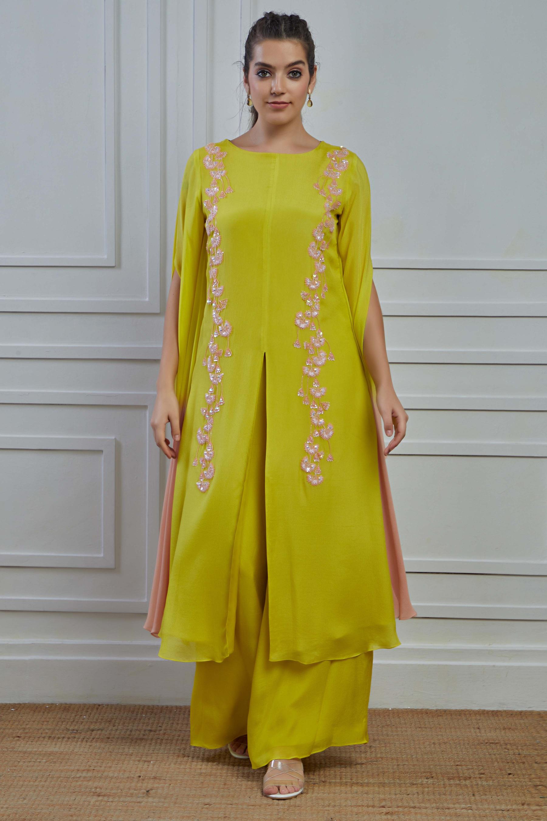 Pear Green Ombre-Dyed Crepe Silk Kaftan Palazzo Set