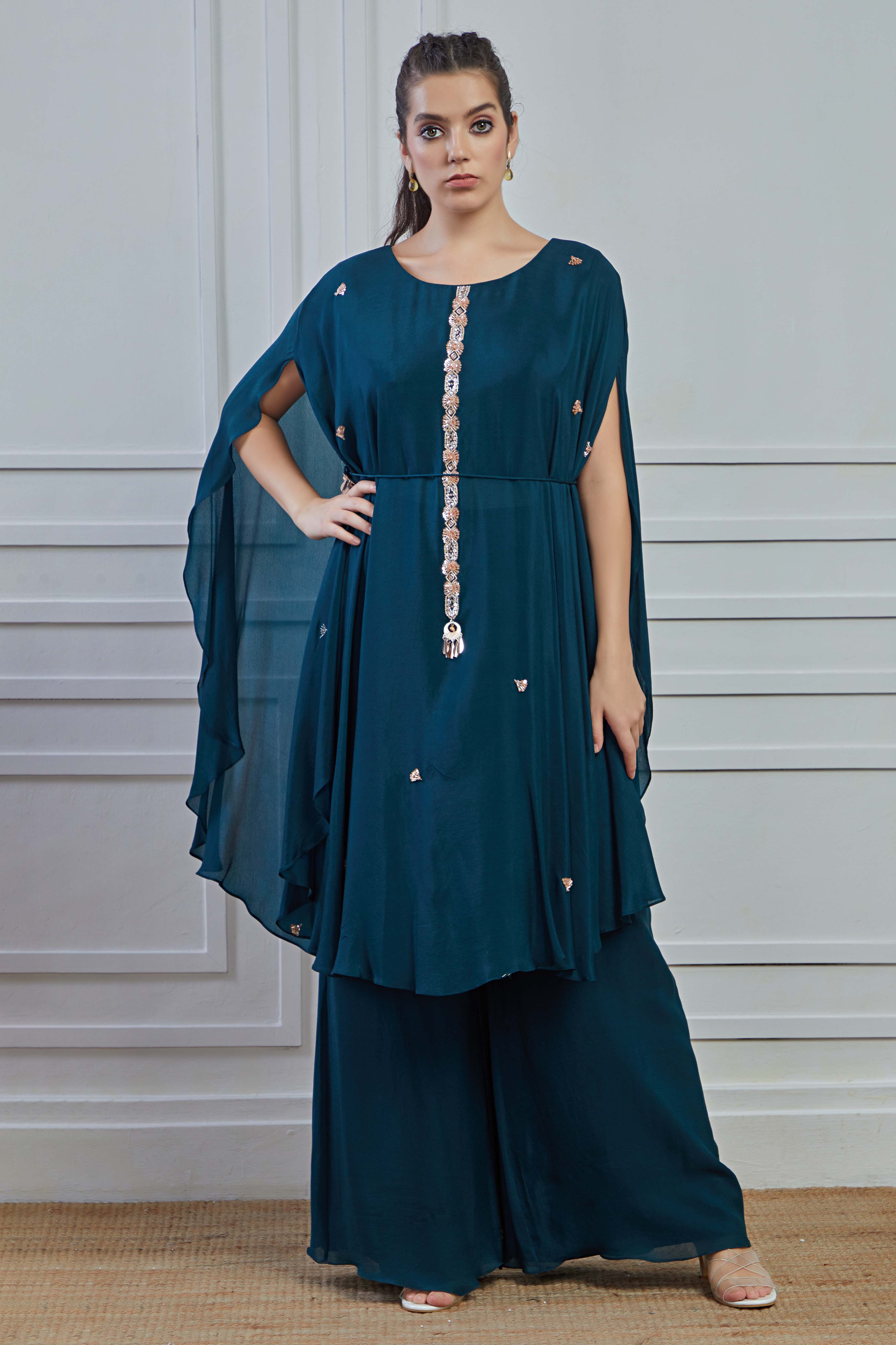 Teal Embellished Crepe Silk Kaftan Palazzo Set