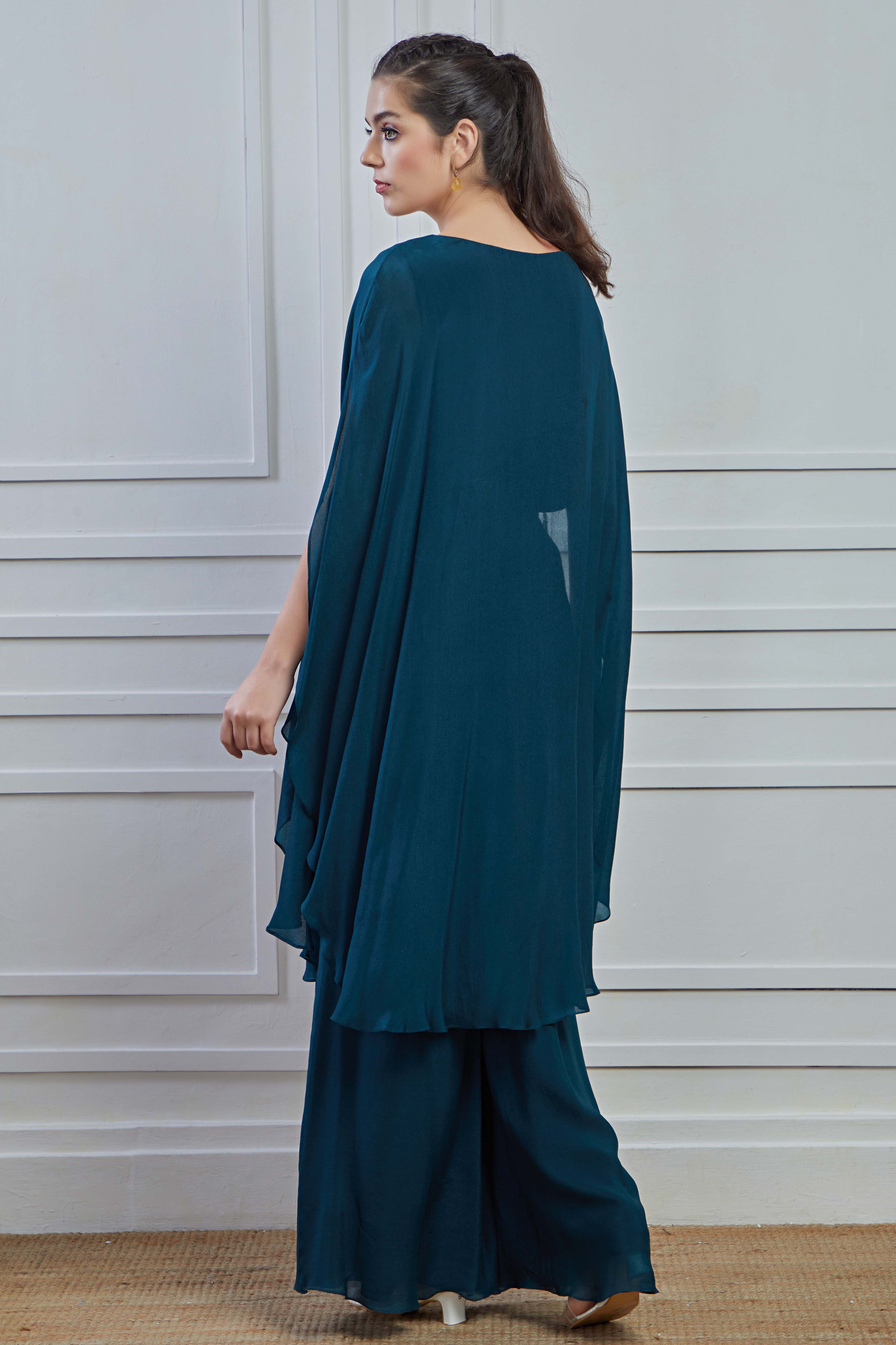 Teal Embellished Crepe Silk Kaftan Palazzo Set