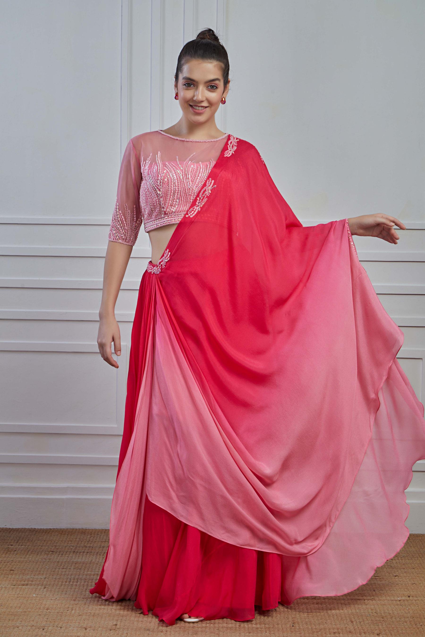 Red Ombre-Dyed Crepe Silk Draped Dress