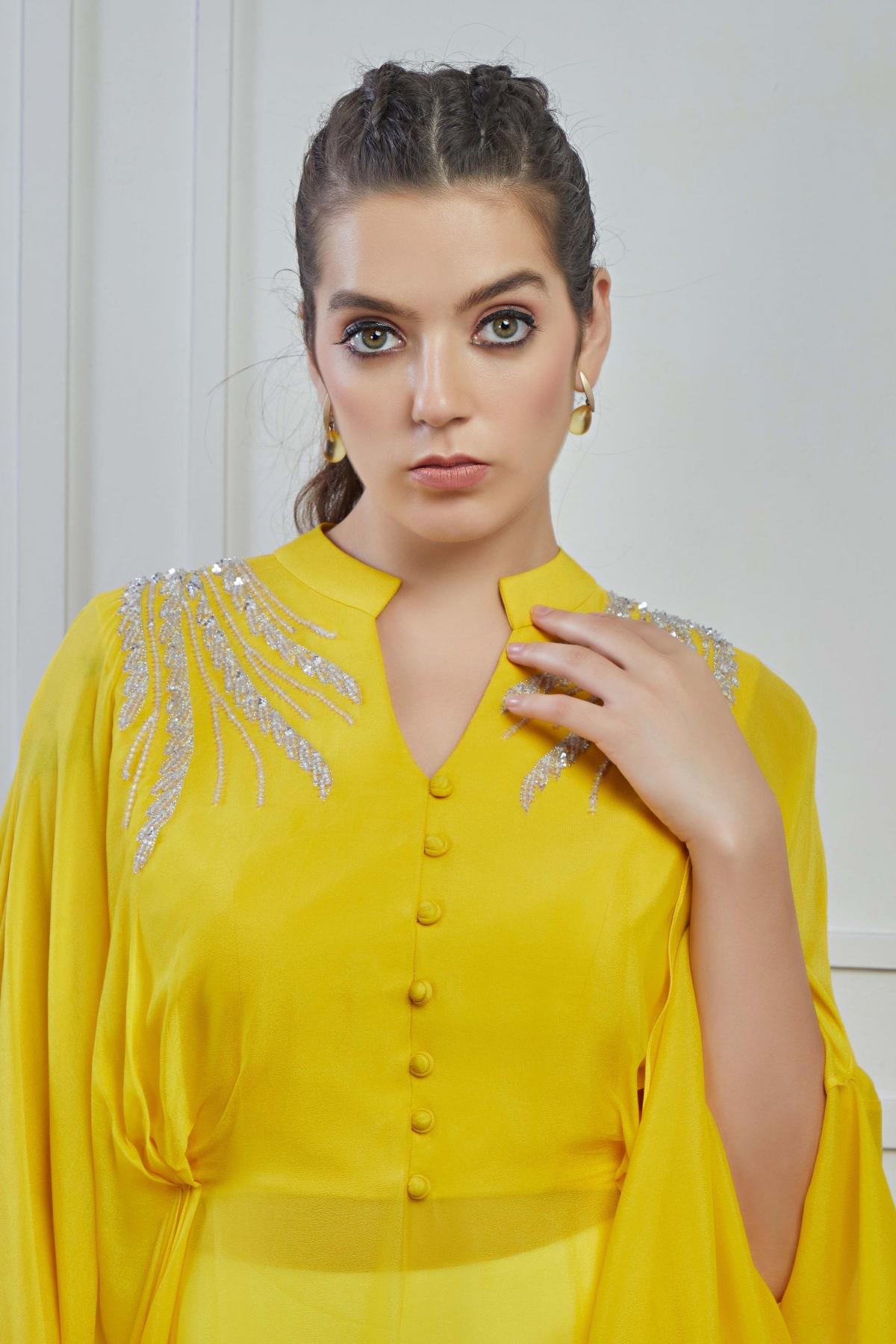 Yellow Embellished Crepe Silk Kurta Skirt Set