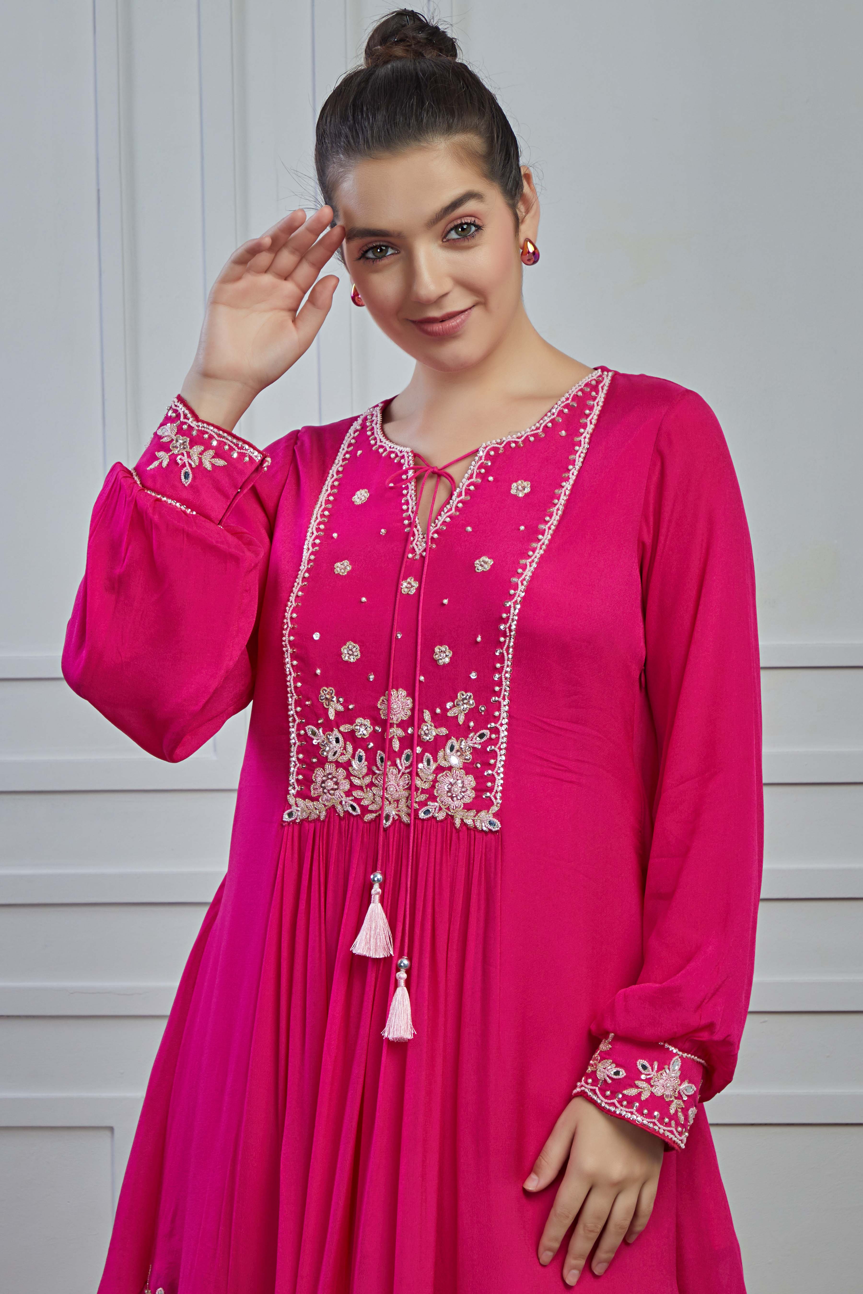 Pink Embroidered Crepe Silk Dhoti Set