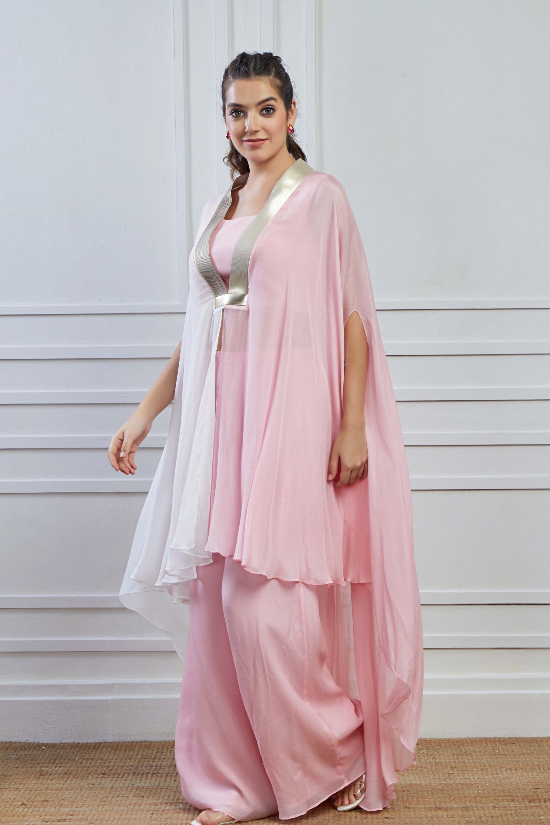 Soft Pink Ombre-Dyed Crepe Silk Kaftan Palazzo Set