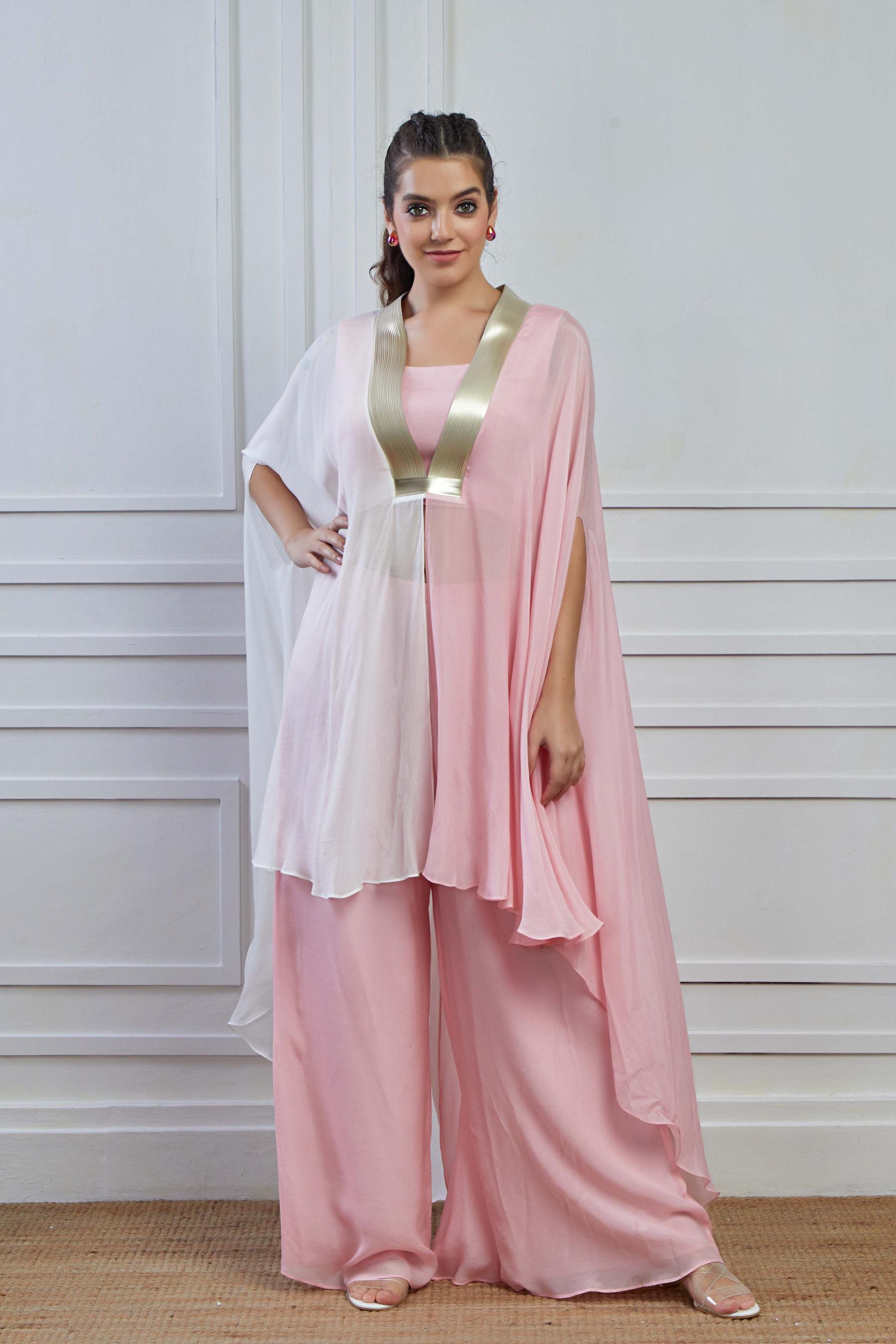 Soft Pink Ombre-Dyed Crepe Silk Kaftan Palazzo Set