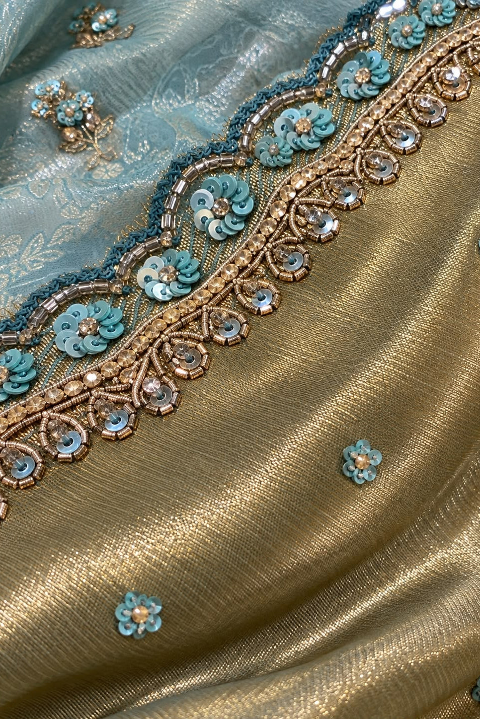 Aqua & Gold Embroidered Brocade Silk Saree