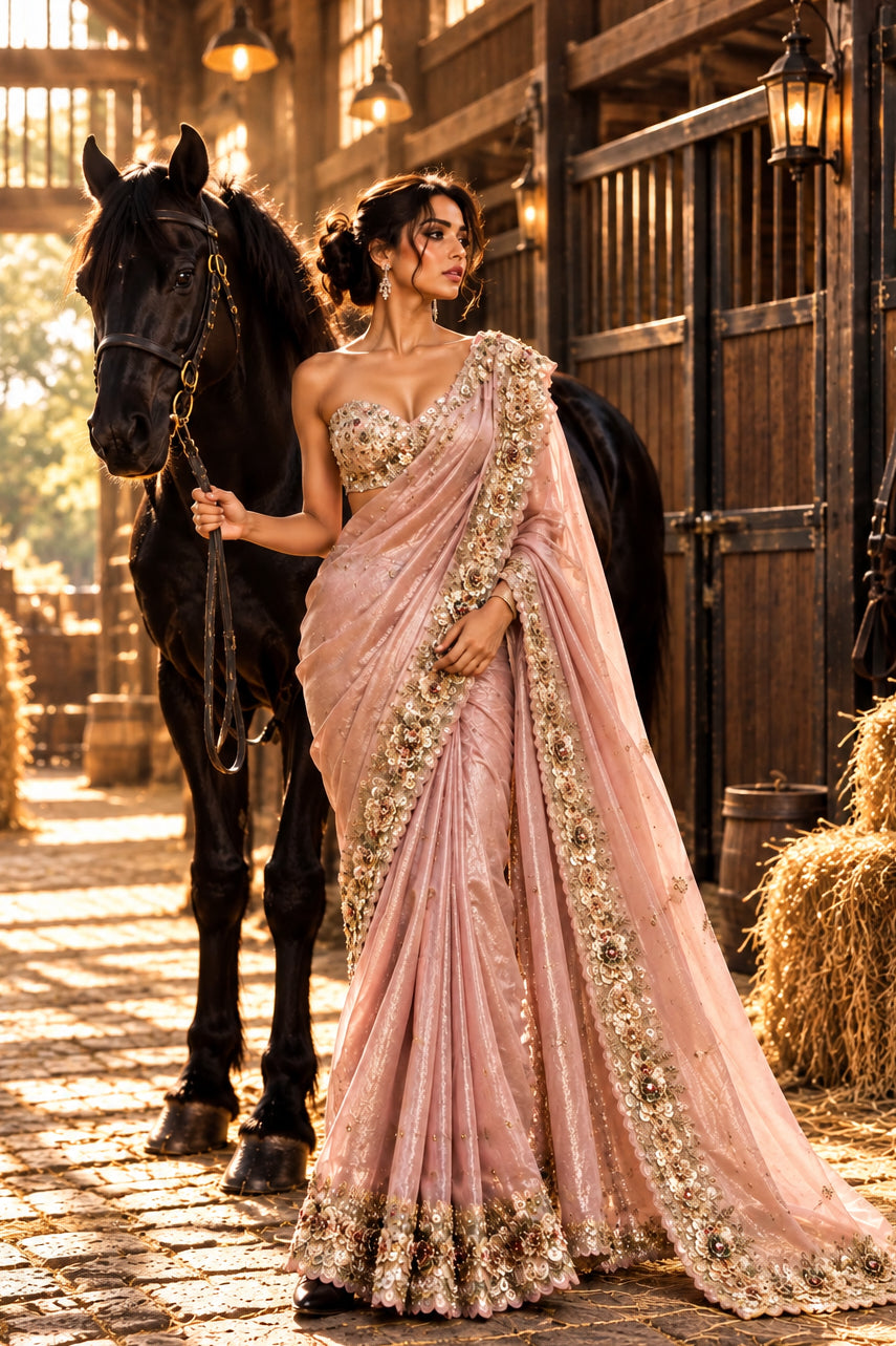 Blush Pink Embellished Tissue Silk Saree