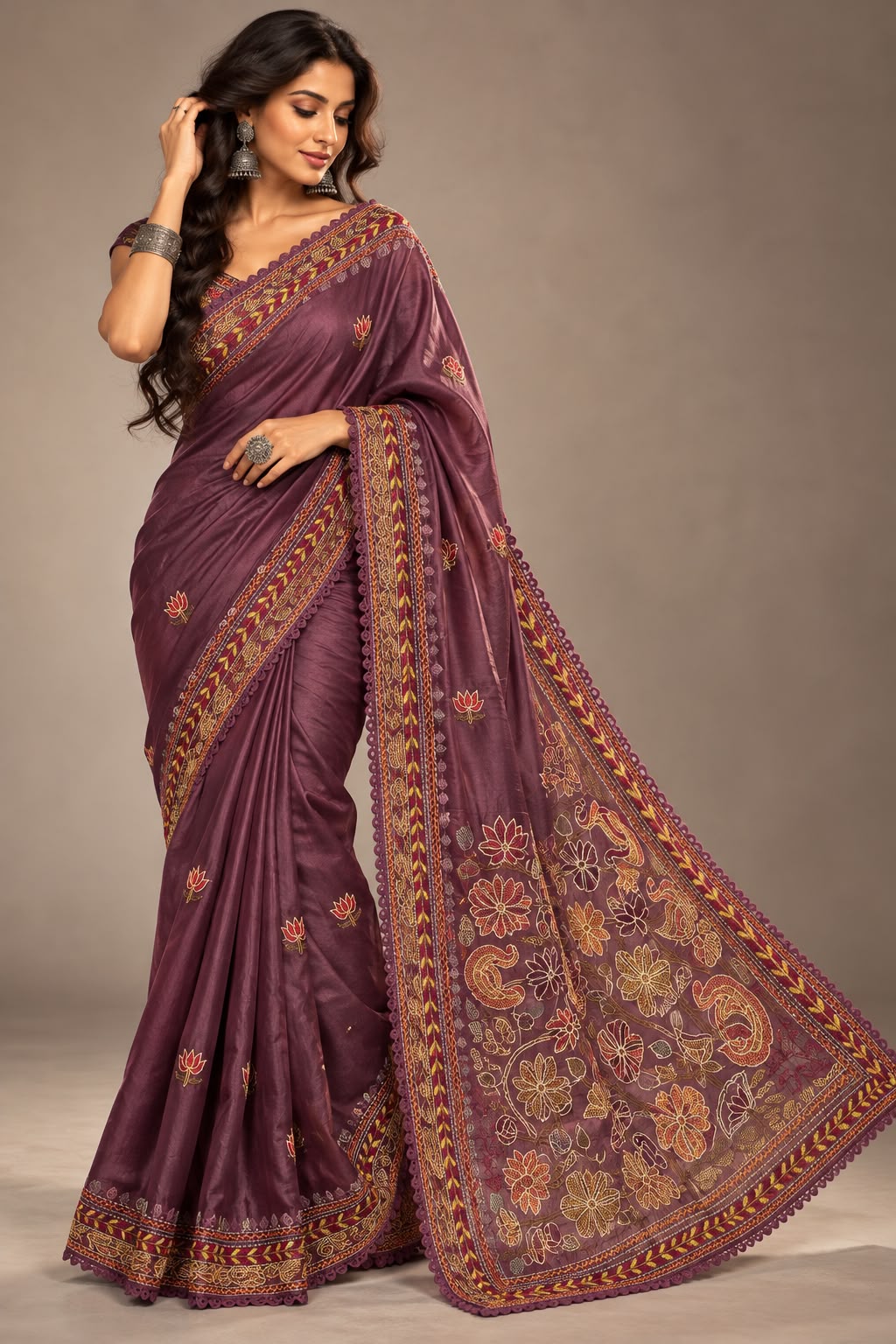 Dusty Plum Hand-Embroidered Tussar Silk Saree