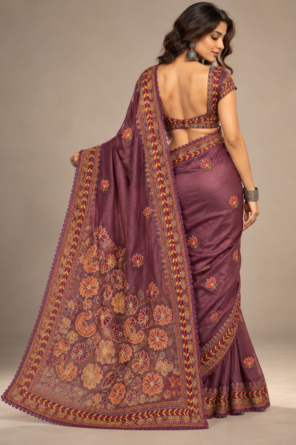 Dusty Plum Hand-Embroidered Tussar Silk Saree