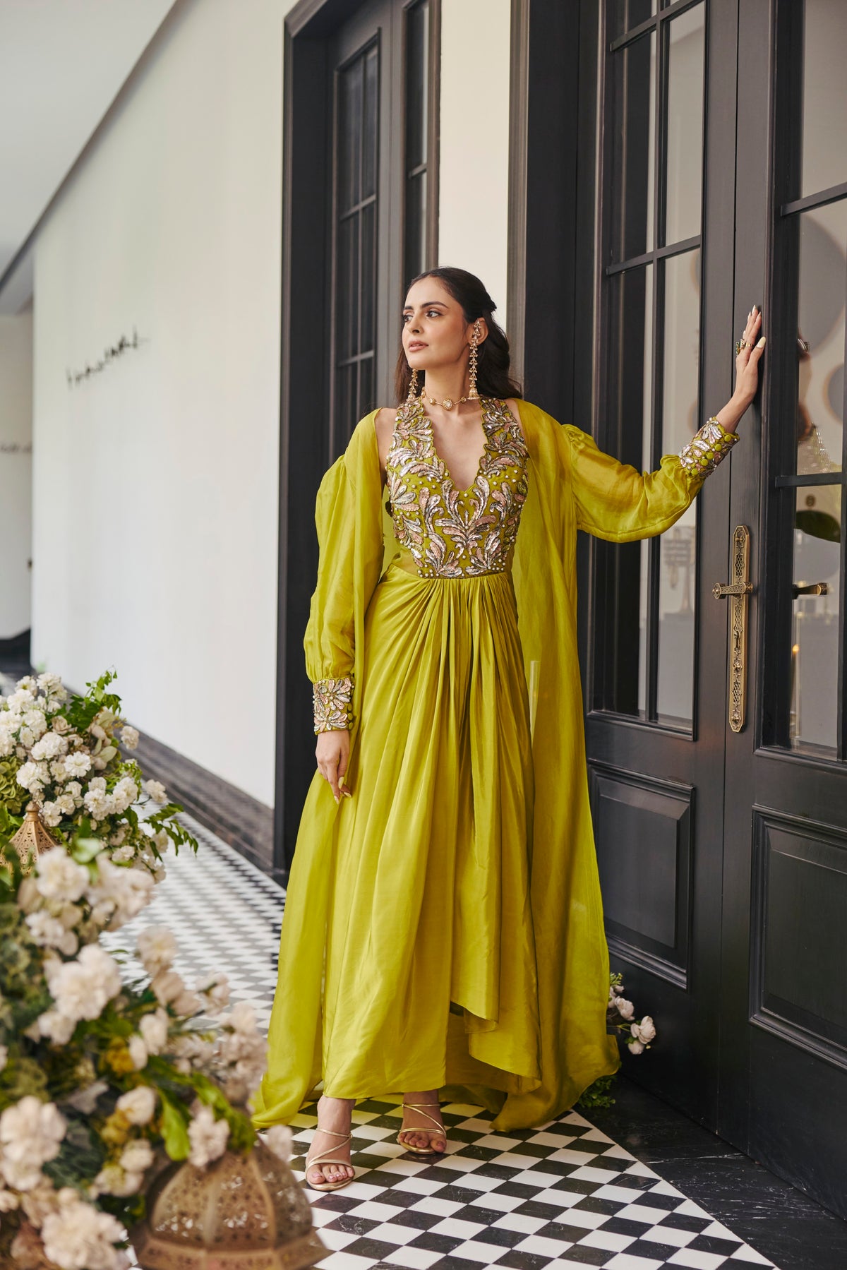 Lime Green Embellished Crepe Satin Silk Cape Set