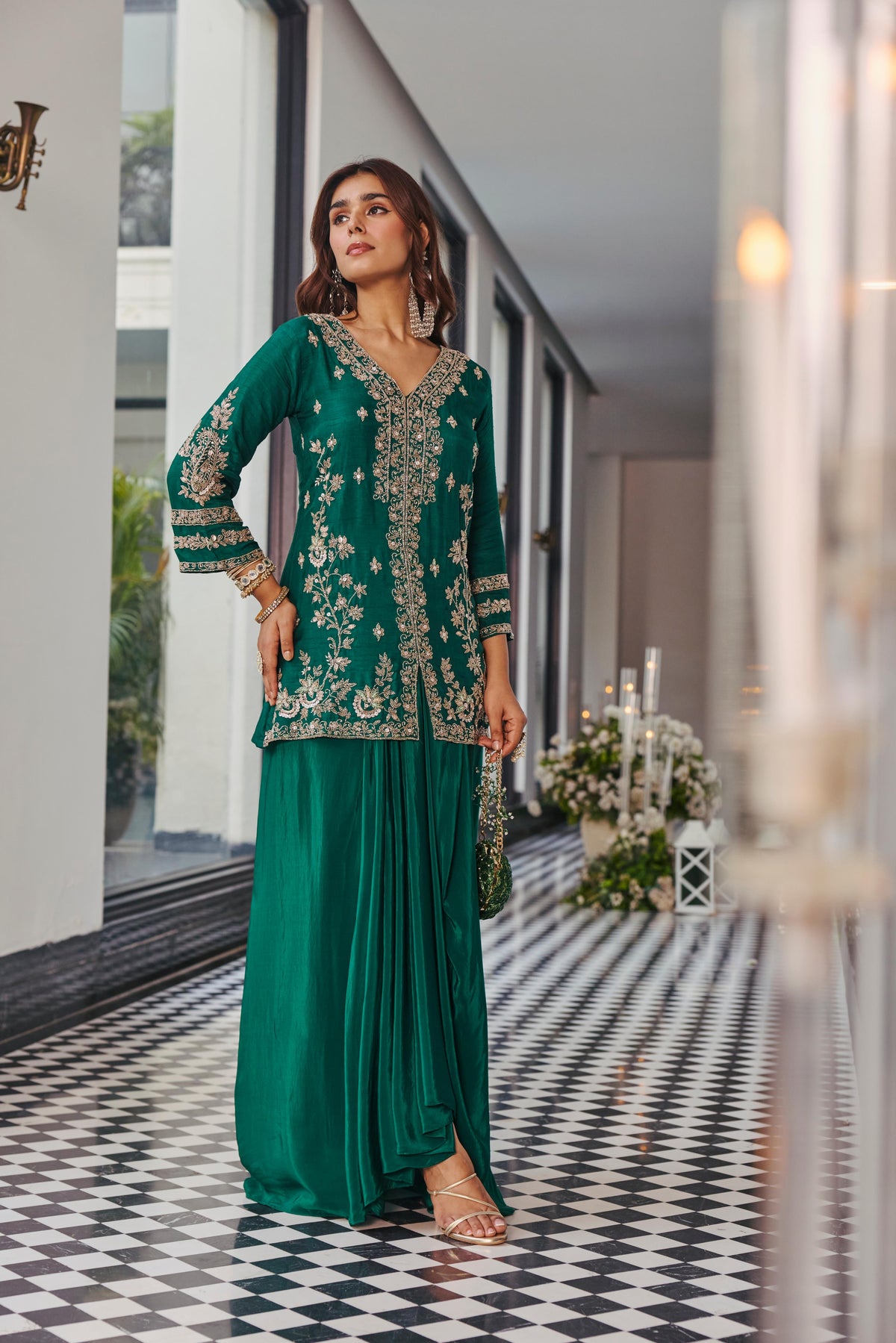 Moss Green Embellished Raw Silk Skirt Set
