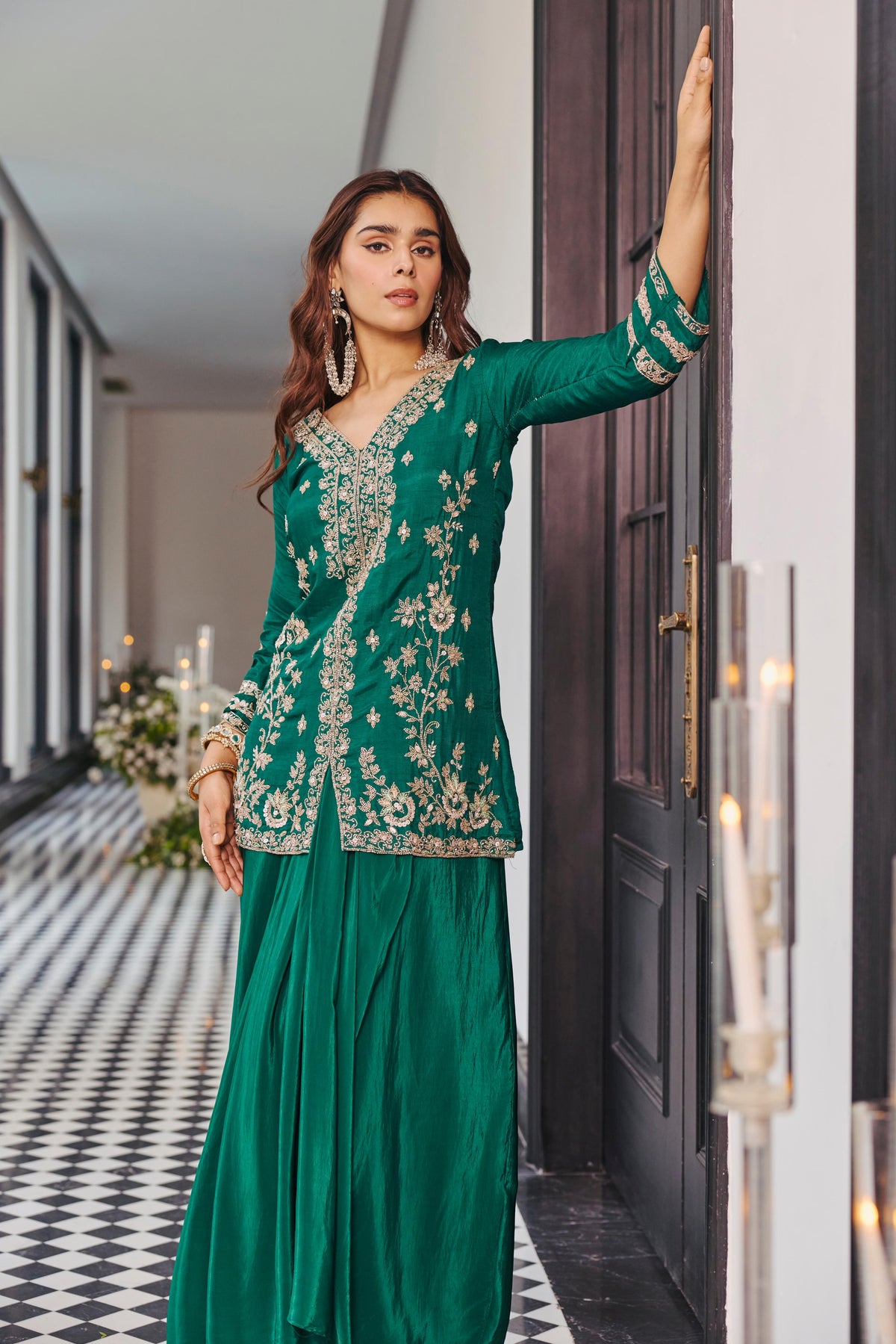 Moss Green Embellished Raw Silk Skirt Set