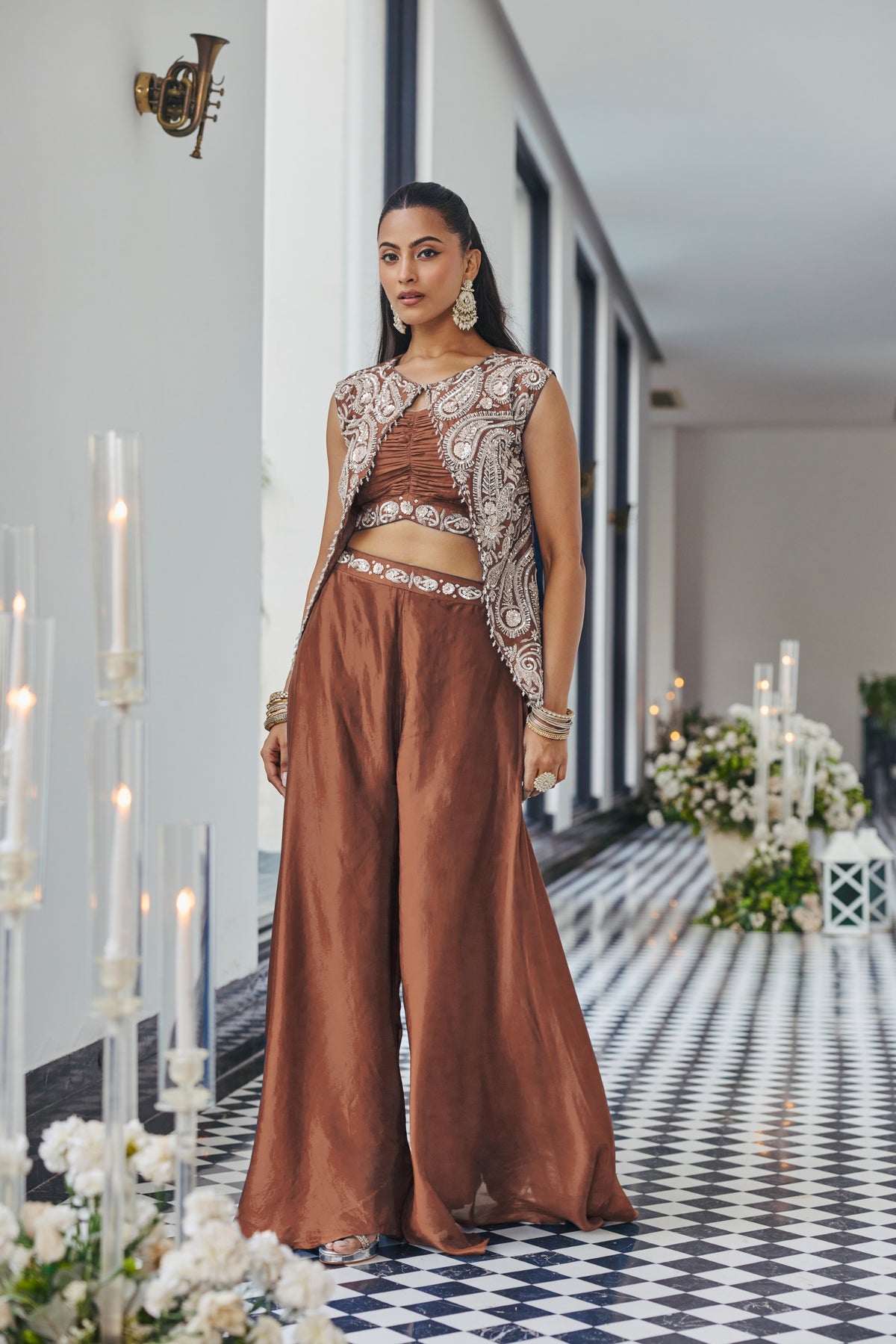 Coffee Brown Embellished Crepe Silk Palazzo Set