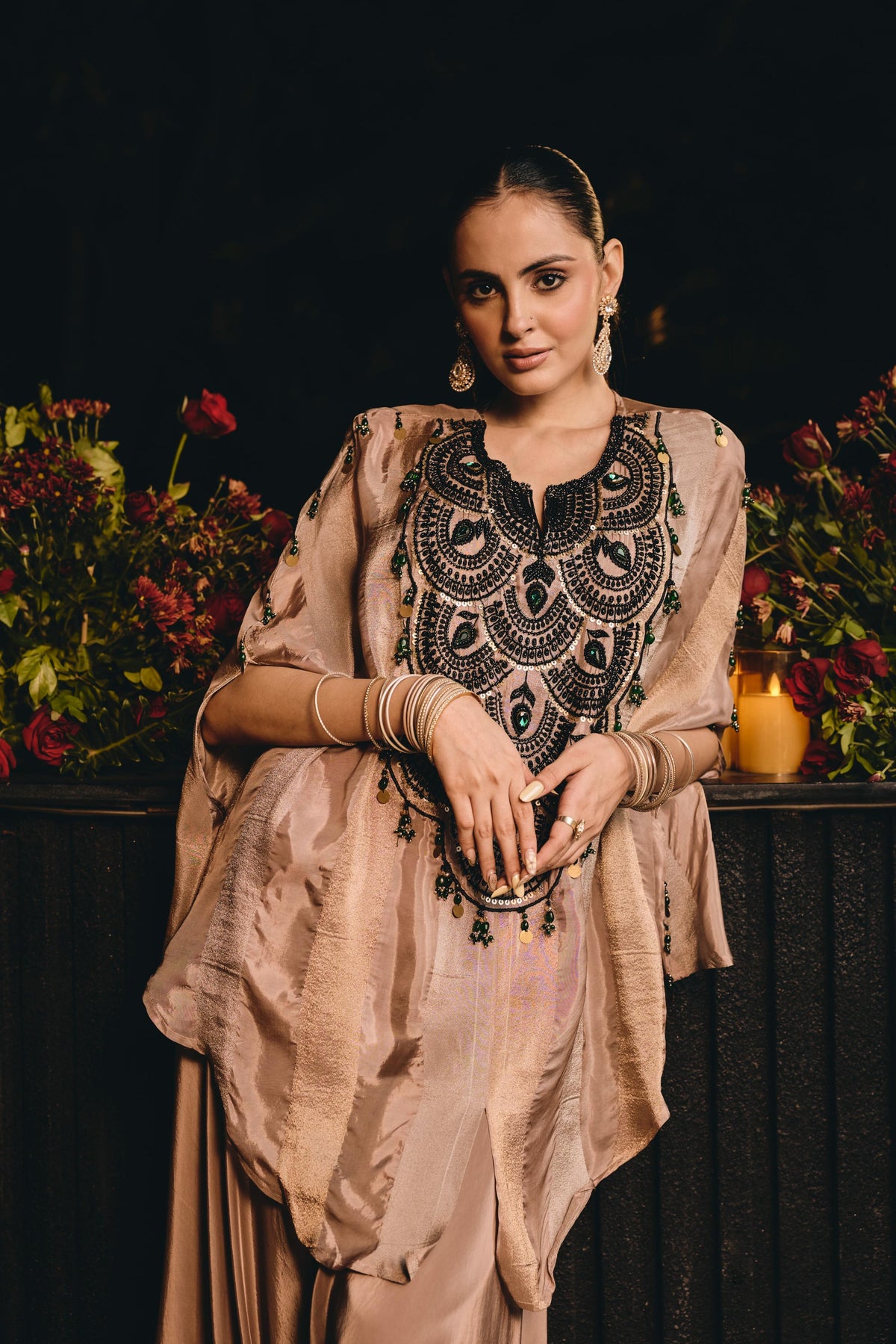 Mocha Taupe Embellished Crepe Silk Kaftan Set