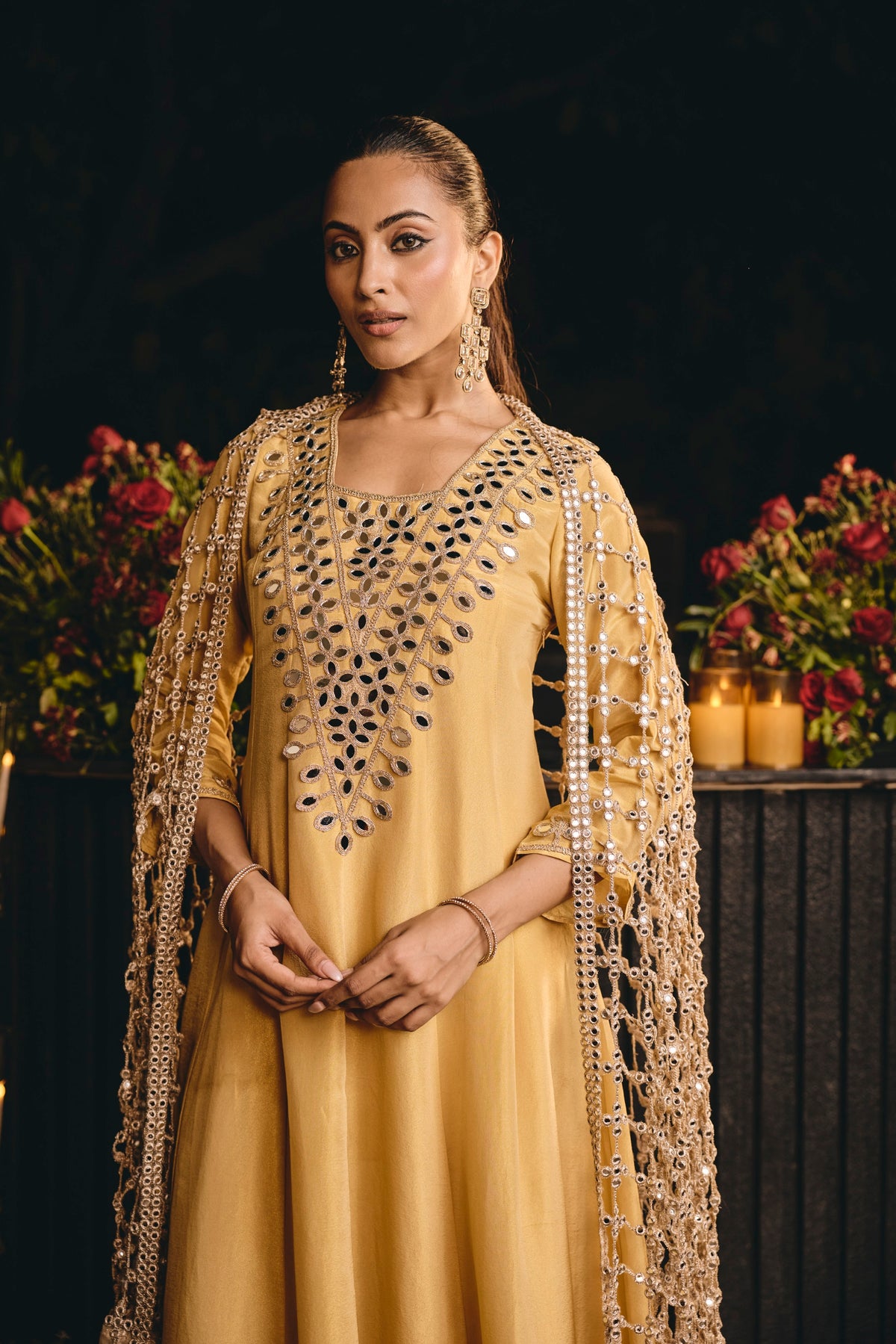Metallic Yellow Embellished Tissue Silk Anarkali Set