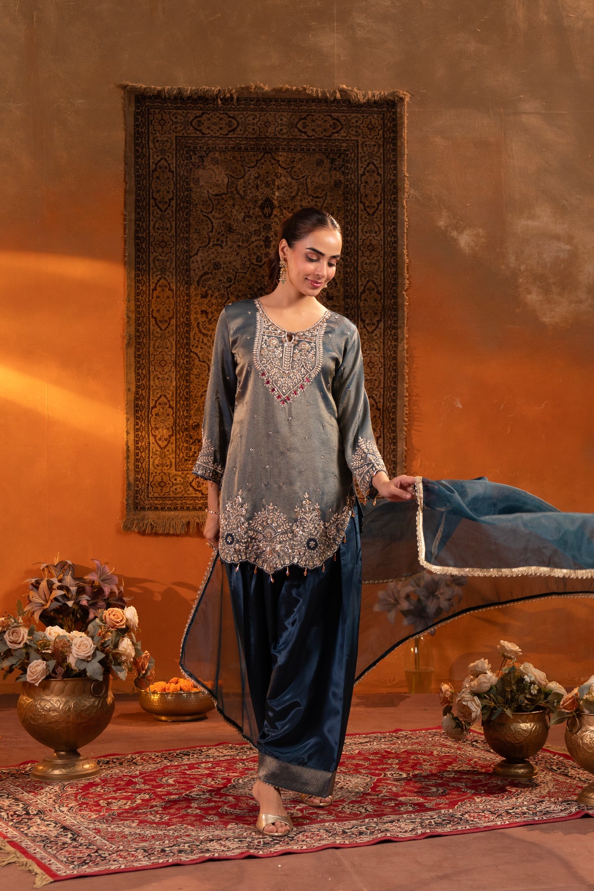 Deep Teal Embellished Brocade Silk Farshi Salwar Set