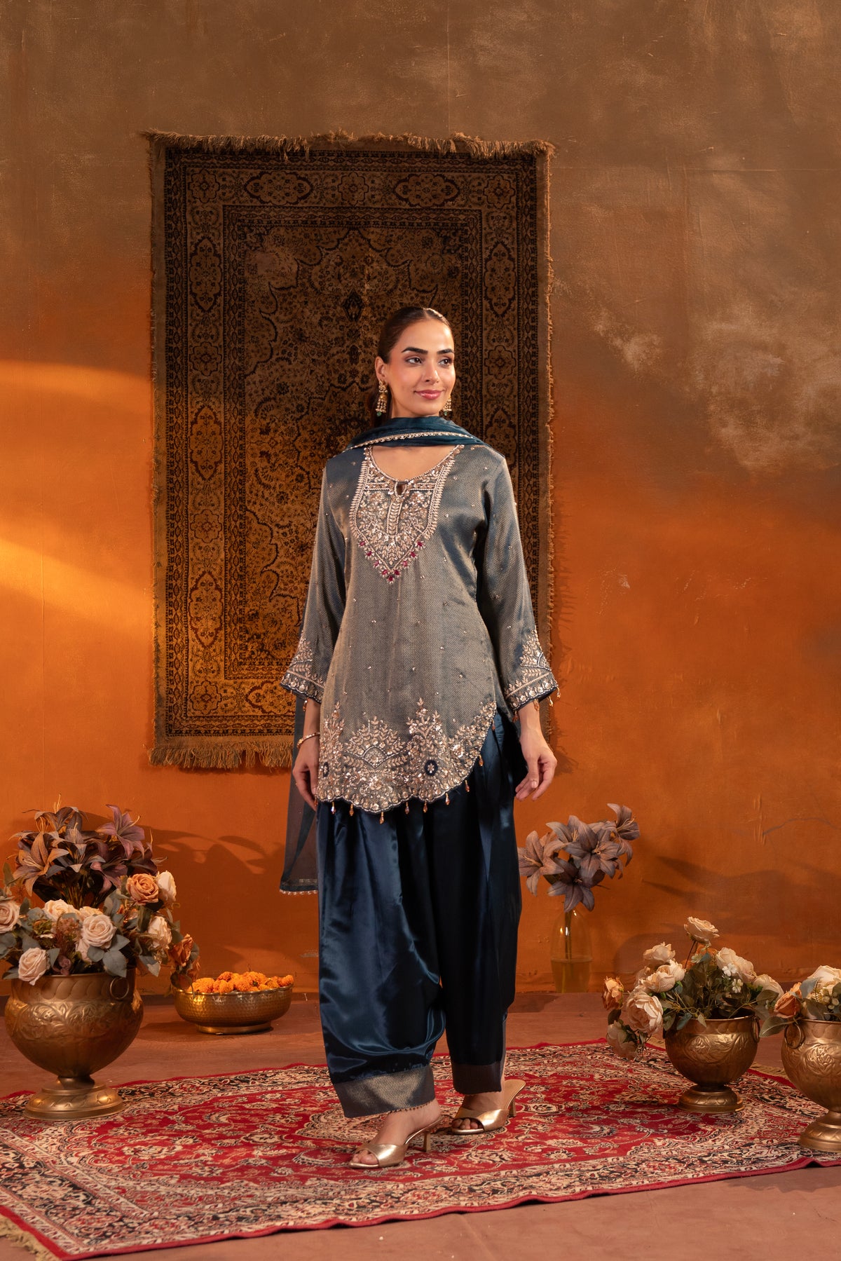 Deep Teal Embellished Brocade Silk Farshi Salwar Set