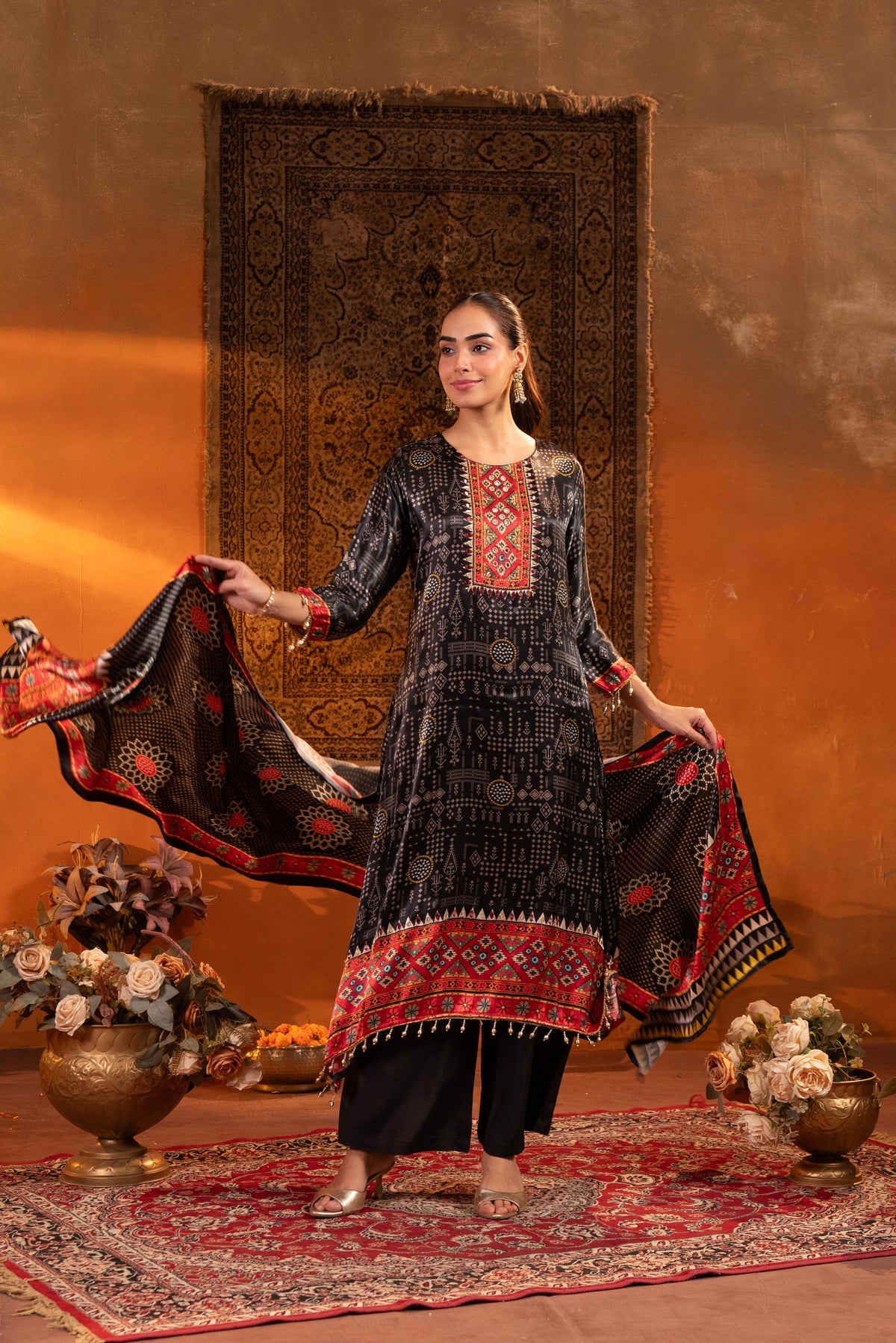 Charcoal Black Embellished Muslin Silk Pant Set