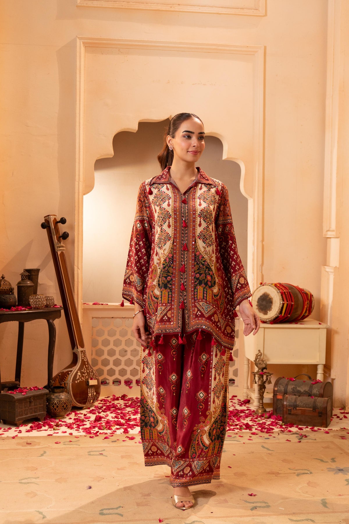 Deep Maroon Embellished Crepe Silk Co-Ord Set