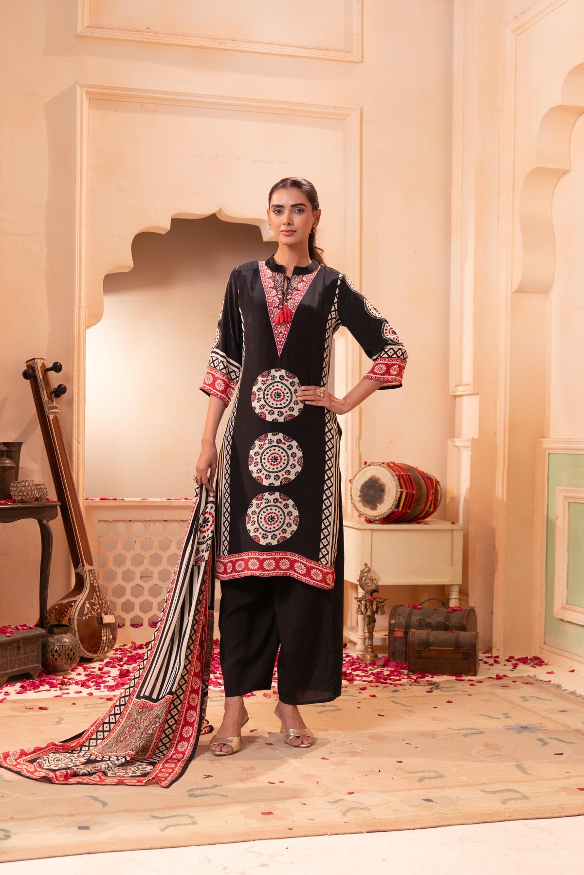 Jet Black Embellished Crepe Silk Palazzo Set